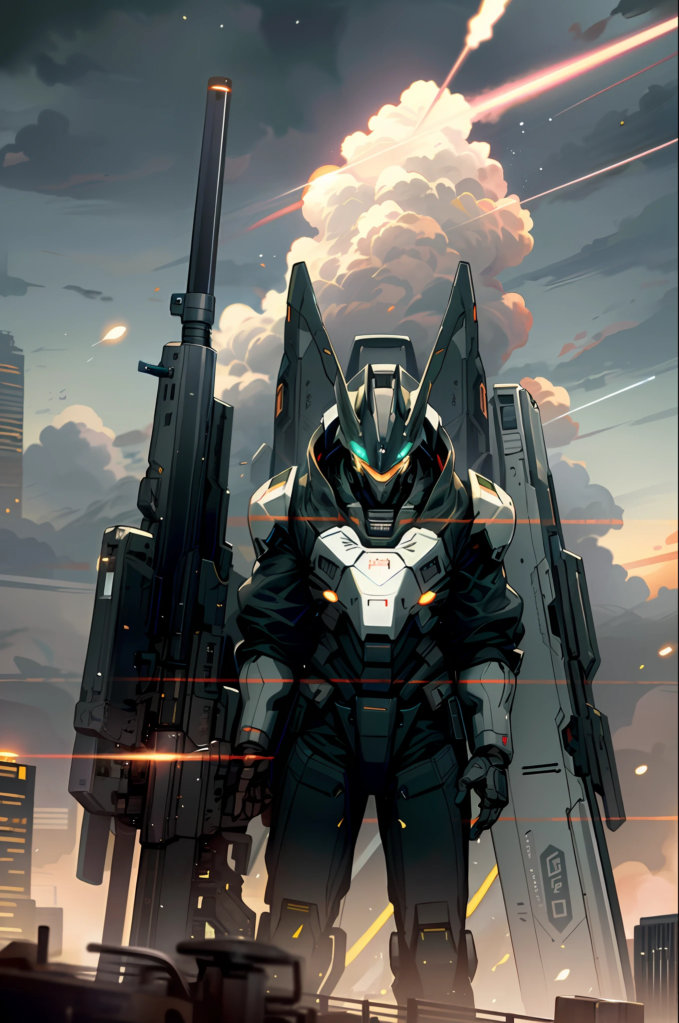 sky, cloud, holding_weapon, no_humans, glowing, , robot, building, glowing_eyes, mecha, science_fiction, city, real, mech, snipe colony with strongest beam and shoot down, double rifle possession, beam funnel strafing, attack, sniper and space colony explodes, humanity's strongest weapon