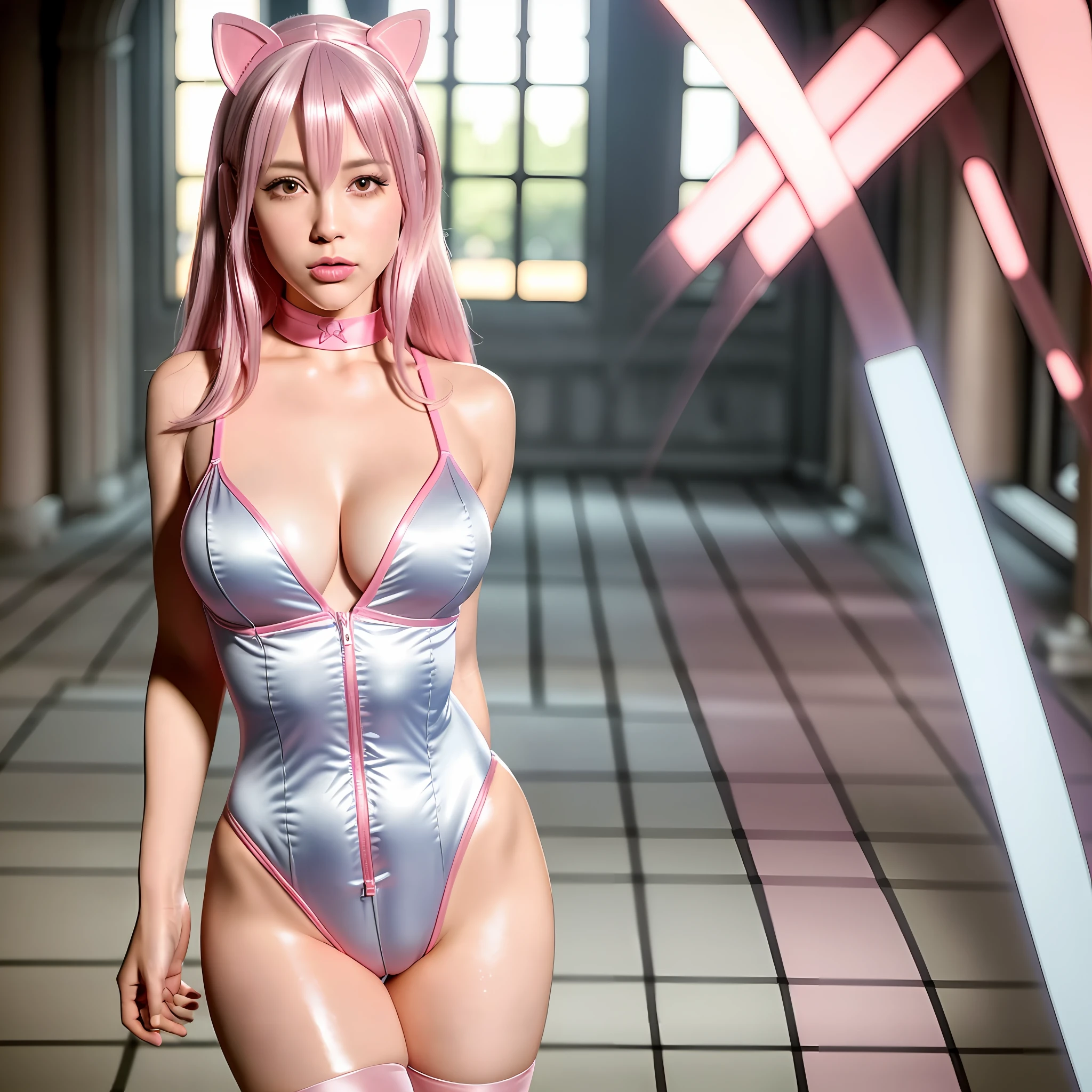 1girl, sticking out her tongue pink lingerie with a cat ears on her head and a pink wig and stockings, best quality, ultra high res, (photorealistic:1.4),(RAW photo:1.2), (photorealistic:1.4),(masterpiece:1.4),(best quality:1.4),ultra high res,HDR,8k resolution, blush, bodysuit, breasts, grey hair,jacket, large breasts, latex bodysuit, long hair, pink bodysuit, rifle, street,best quality, ultra high res,(masterpiece:1.4),(best quality:1.4),ultra high res,HDR,8k resolution, blush, bodysuit, breasts, grey hair,jacket, large breasts, latex bodysuit, long hair, mosaic censoring, pink bodysuit, rifle, simple background, dslr