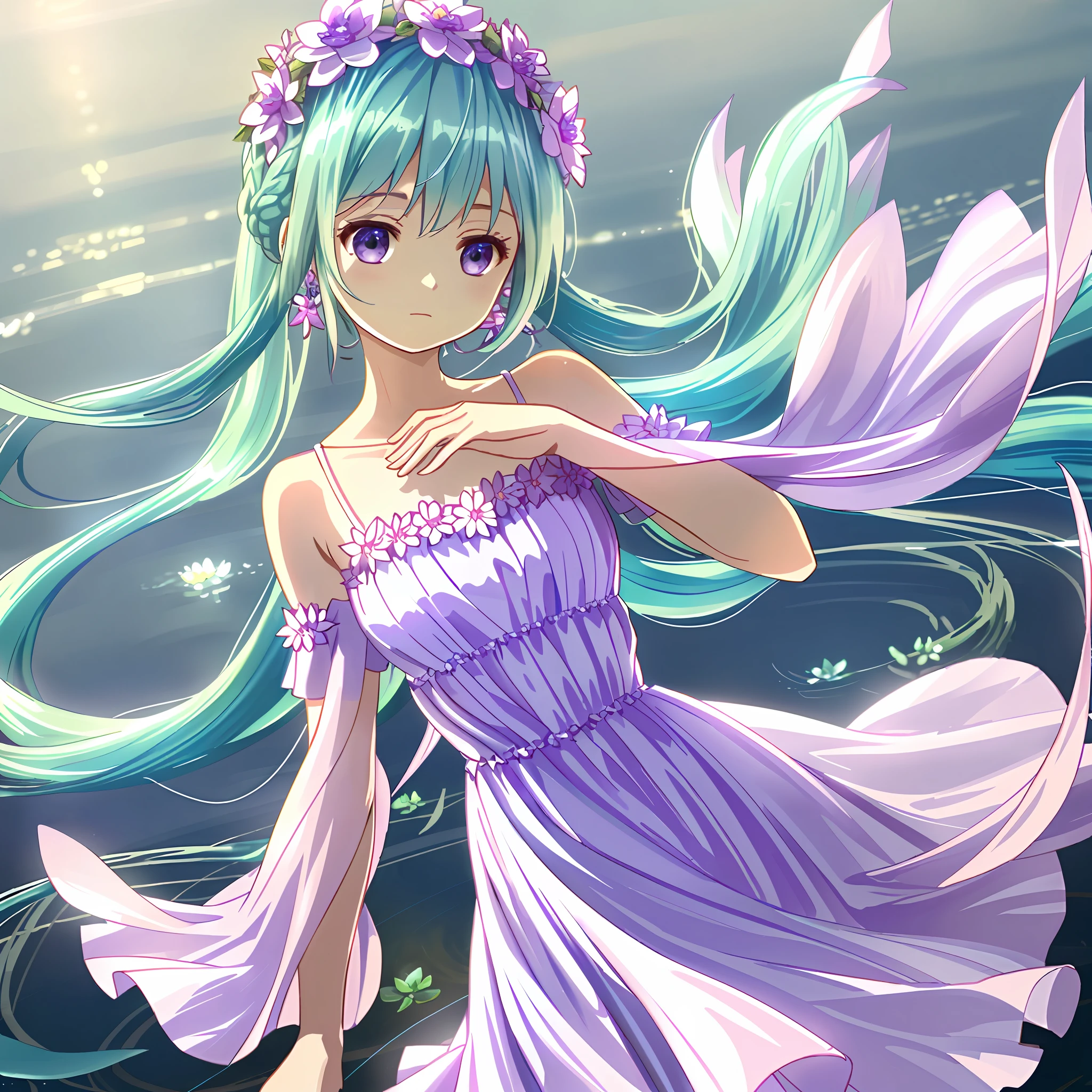 (extremely detailed CG unity 8k wallpaper, masterpiece, best quality, ultra-detailed),(best illumination, best shadow, an extremely delicate and beautiful),A contemplative Hatsune Miku meditating on a lotus flower, dynamic pose, (long twintales: 1.3+blue hair:1.1+green hair:1.2), a delicate and beautiful dress in pastel colors (pink+purple+white),(flower crown+earrings), dreamy and peaceful atmosphere, (water and light effects), subtle and gentle wind movements.