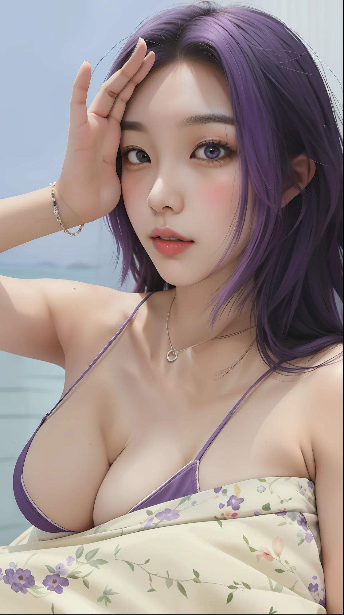 araffed asian woman with purple hair and a bralet on, korean girl, 2 7 years old, 2 2 years old, 2 8 years old, 2 9 years old, 21 years old, 2 3 years old, korean woman, asian girl, 3 2 years old, beautiful south korean woman, 18 years old, 2 4 years old, 8k, Cleavage, big tits, round boobs fore