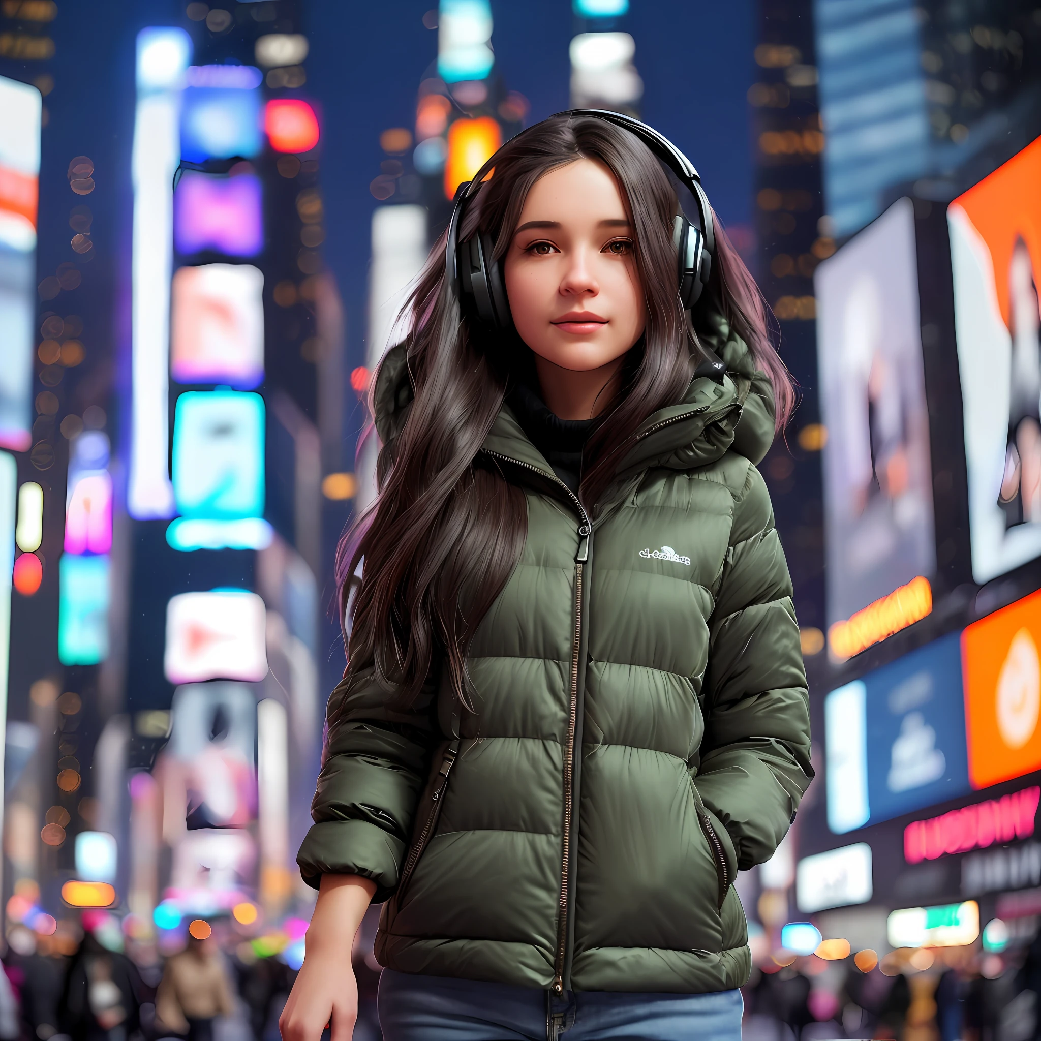 (ultra-realistic, extremely detailed, best quality, beautiful woman),(long dark hair, clear skin),wearing cozy winter clothes, in Times Square, wearing headphones,
(cityscape, street lights and screens, neon lights,people bustling around),(nighttime, cold weather),(detailed hair and clothes, realistic skin texture)::pt