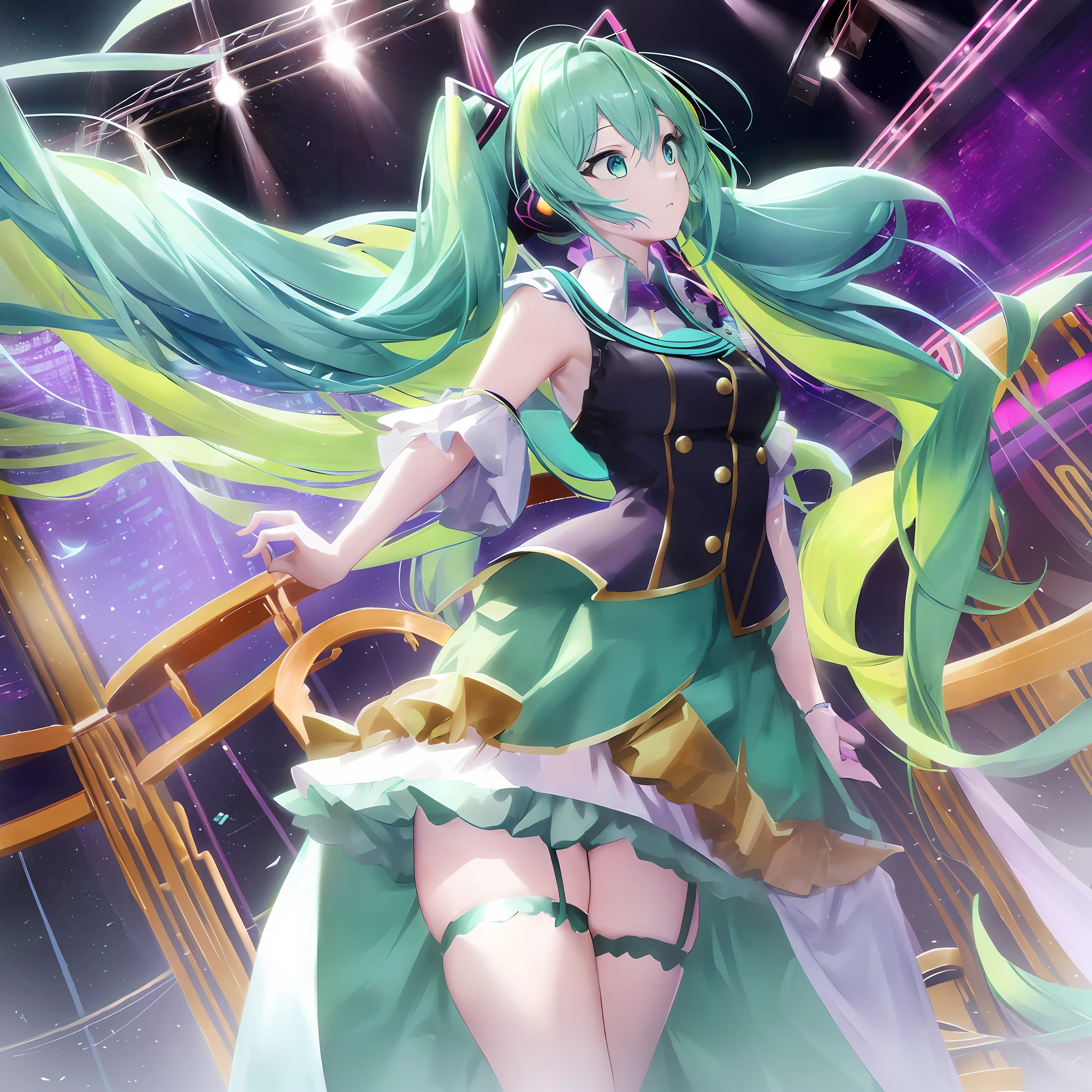 Hatsune Miku, (extremely detailed CG unity 8k wallpaper, masterpiece, best quality, ultra-detailed), (best illumination, best shadow, an extremely delicate and beautiful), floating, dynamic angle, (1girl), (long turquoise hair:1.3+yellow hair:1.2+purple hair+green hair:1.3), white school uniform, (black stockings:0.9+red shoes:0.8), looking up, singing, (crowded concert:1.3+colorful stage lights:1.2+big crowd), Volumetric light.
