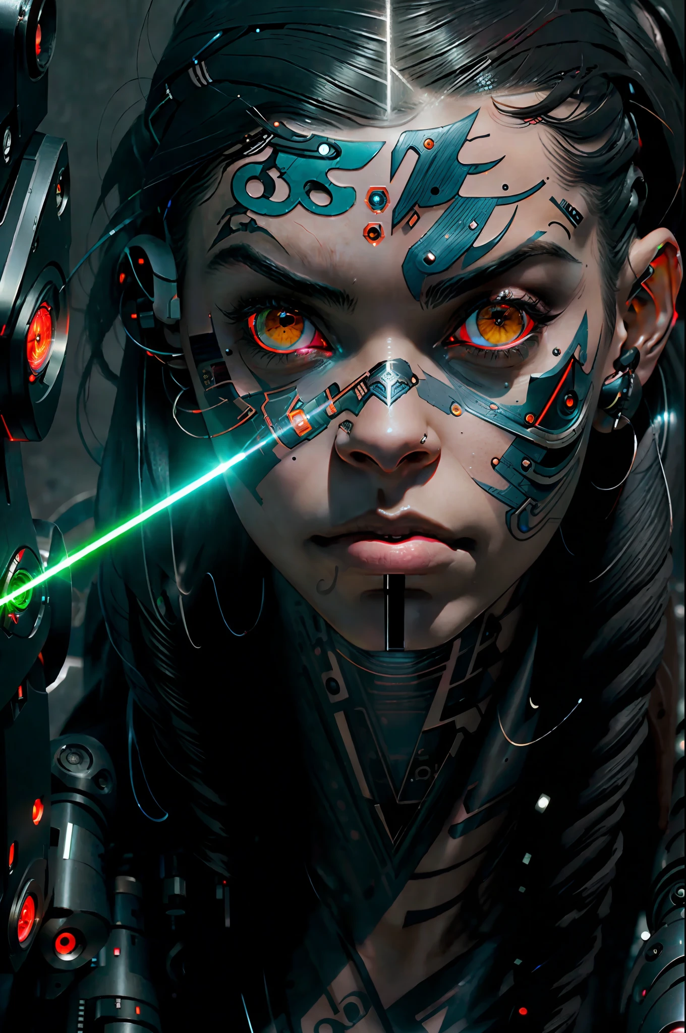 (highly detailed:1.2),(best quality:1.2),8k,sharp focus,(subsurface scattering:1.1),(nsfw:1.1), (award winning photograph:1.2),1girl, (many many detailed black tattoos on face:1.2), by emb-rrf-low,(many many thick black dark tattoos on body nose and eyes:1.2),(close shot:1.2), (separation of face segments:1.1), (deep seams on face and body:1.2)
(beautiful cyborg with scifi laser gun:1.3), (shooting lasers at enemy robots:1.3), (dynamic action pose:1.2), neon glow under the skin
(very detailed clothes:1.2), (highly detailed background:1.3), RPG, Elden Ring, (scifi:1.2), (hyperrealistic:1.2), dramatic lighting,artstation, artgerm, greg rutkowski, alphonse mucha, trending on artstation, trending on deviantart, wlop