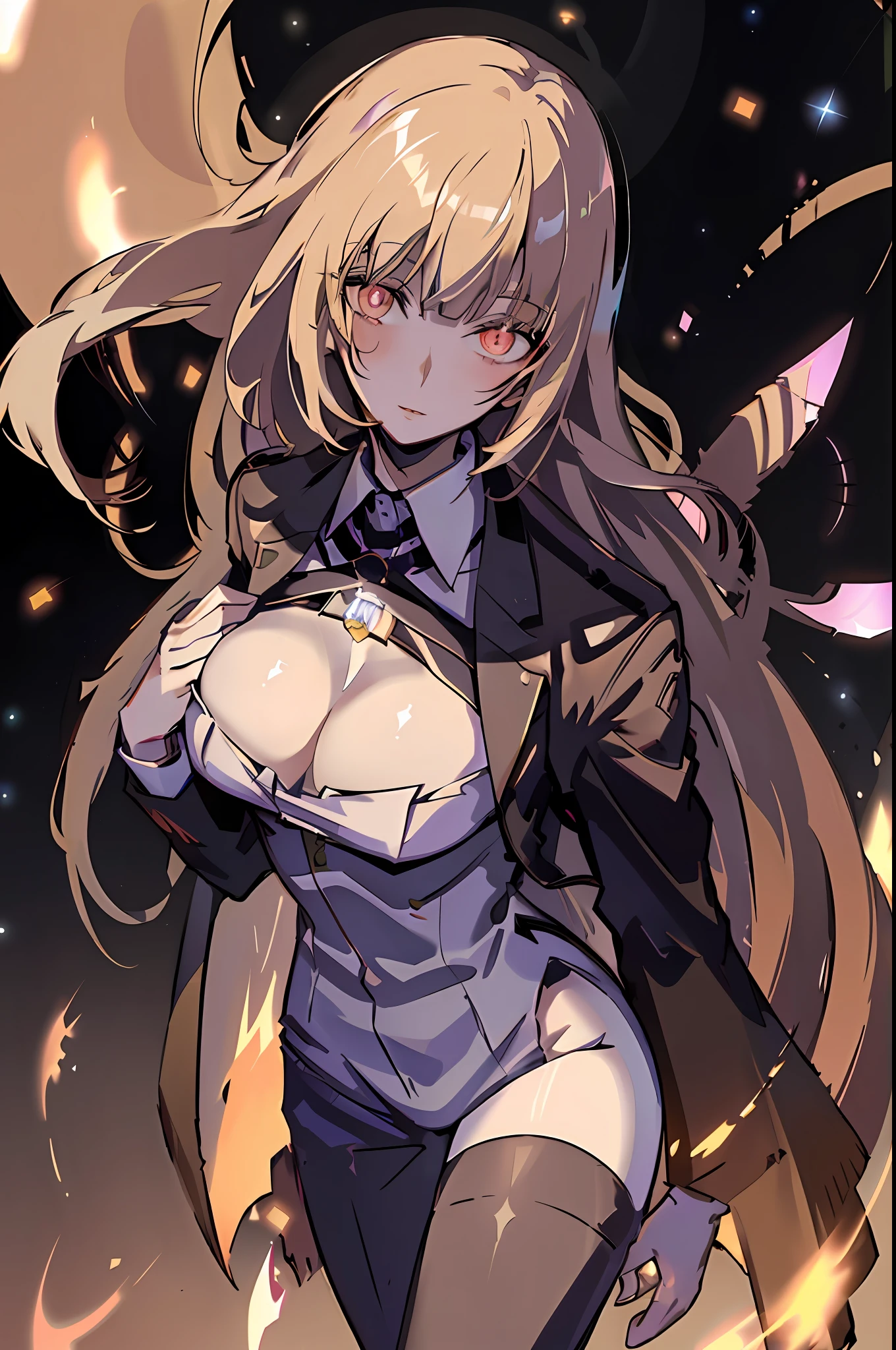 very long hair, golden hair, jacket, Black_jacket, red_eyes, bangs, school_uniform, straight hair, blunt_bangs, looking down at the viewer, big, full body, crazy eyes, insane, wide open eyes, glowing eyes, shiny lips, blush, satisfactory look, sexually aroused, obsessive look, crazy look, hands from the frame, adult, , blonde ((girl in a suit)), ((gorgeous starry sky background)), ((super definition)), ((best illustration)), (shine: 1.2), (shine: 1.2), classic, (best quality), (masterpiece: 1.2), (anime-style), (solo), beautiful detail face, (long hair: 1.2), (floating hair: 1.2), (suit), detailed costume, (shining sword: 1.3), (magic effect: 1.3), (Transparent Fabric: 1.1), (Twinkle: 1.2), (Glow: 1.2), (Shine: 1.2), (Flicker: 1.2), (Dazzle: 1.2), Big, Slacks, Big, Full Body, Black Pants, Evil Smile