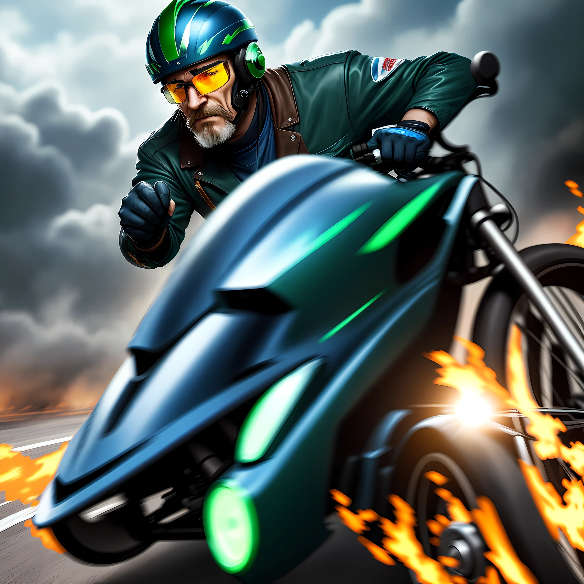 Man in a motorized wheelchair, exhaust coming out fire, blue helmet, gleaming green glasses, speed effects, cinematic focus, 8k quality