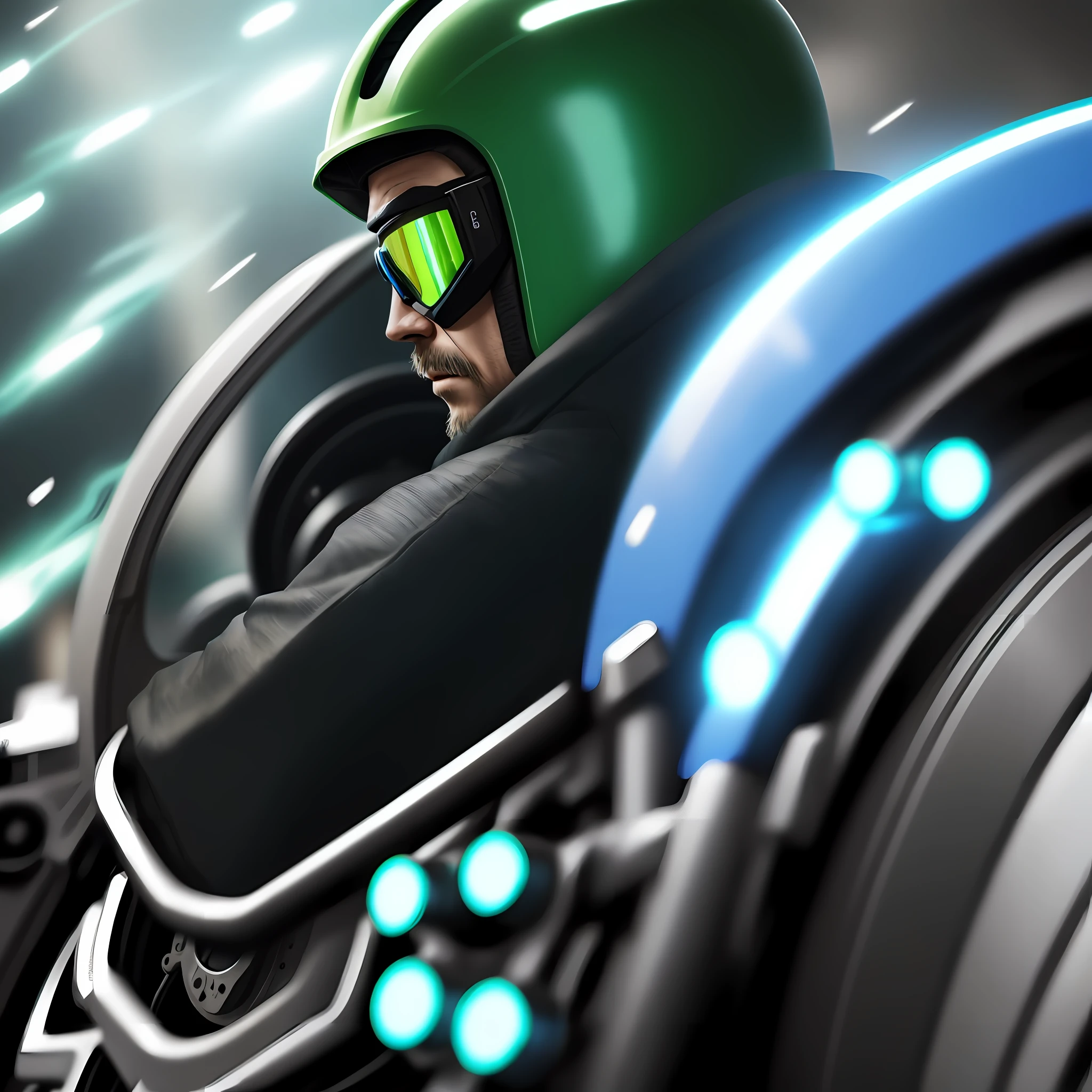 Man in a wheelchair, exhaust coming out fire, blue helmet, shiny green glasses, speed effects, cinematic focus, 8k quality