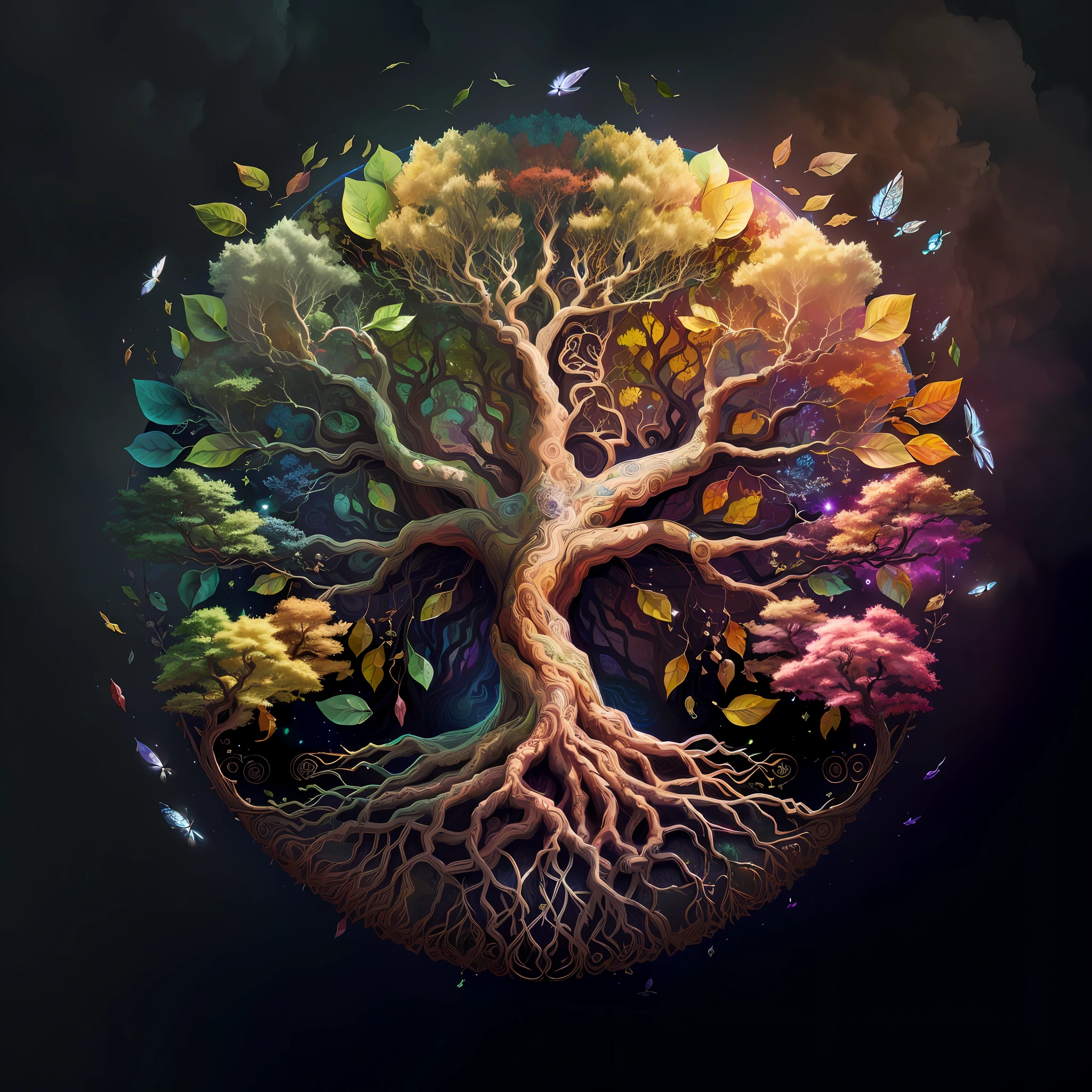 a close up of a tree with many different colored leaves, cosmic tree of life, tree of life, fantasy tree, a beautiful artwork illustration, the world tree, tree of life seed of doubt, world tree, highly detailed digital artwork, the tree of life, tree of life inside the ball, highly detailed digital art, yggdrasil, digital art highly detailed