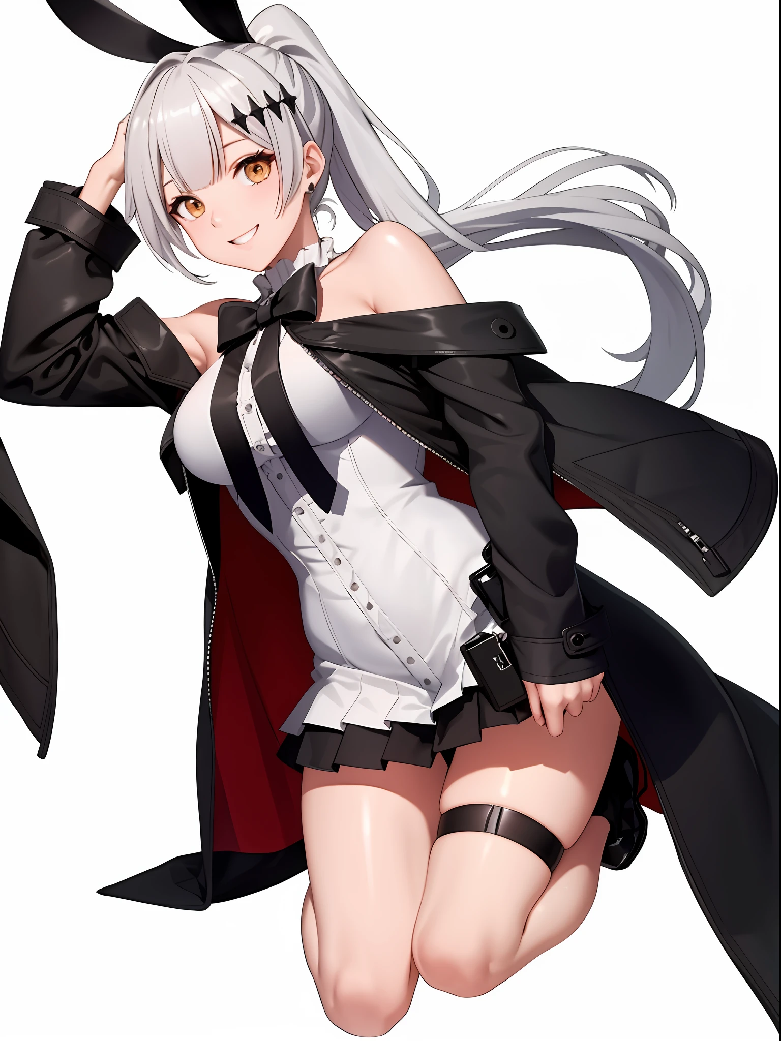 (masterpiece), (best quality), ((high resolution)), fiveseven, long ponytail, wool jacket off the shoulder, black pleated skirt, smile, (thigh strap, skin dentation), dynamic pose, (white background: 1.3), kneeling, thighs
