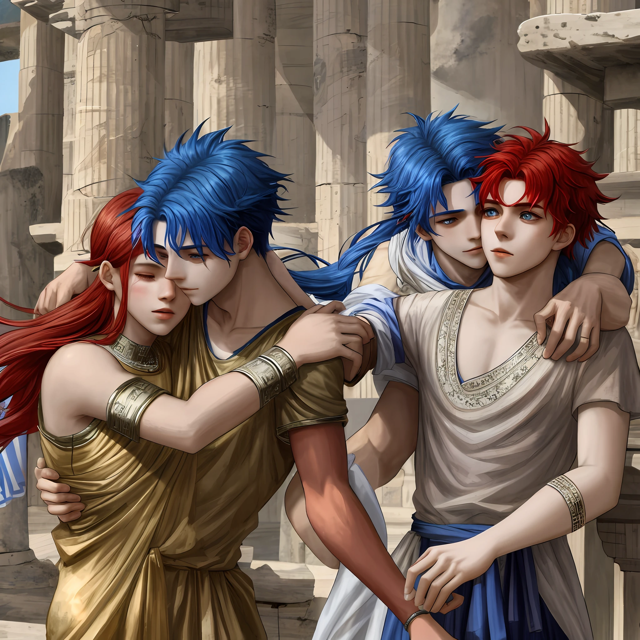 ((Ancient Greek), (man:0.9)+(boy:0.1)), (romantic:0.8+love:0.2), (blue hair:0.9)+(red hair:1.1), (hugging:1.2), (shota:1.3)
