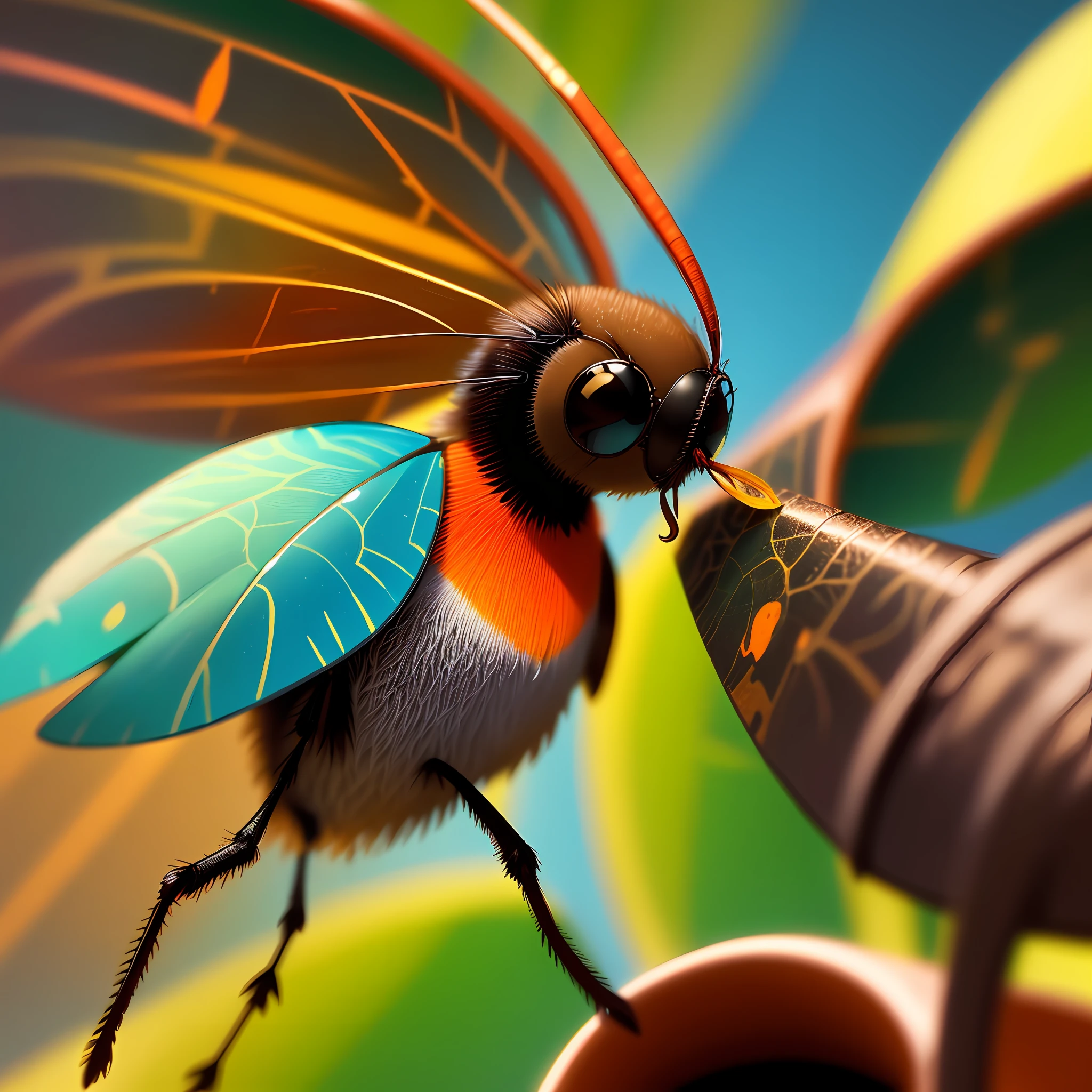 Fly drinking coffee, bright colors, lots of details, background with leaves, tie, 8k quality, cinematic focus