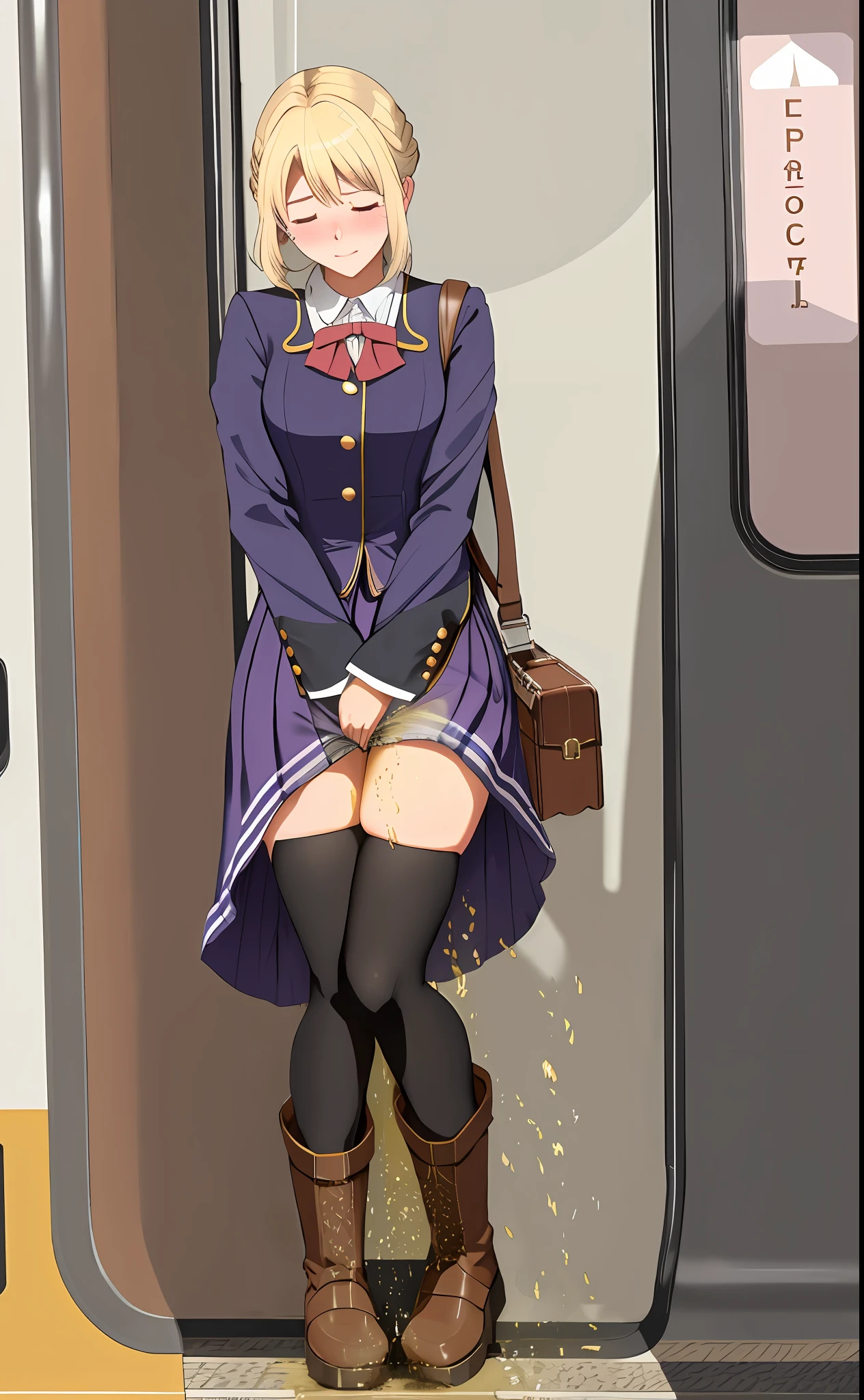 violet evergarden, peeing herself, peeing, peeing self, very desperate to pee, at a train station, full face blush, sad, crying, flustered, pubic hair, black stockings brown boots ruffled panties, peeing, peeing self, peeing, peeing self, pee puddle, puddle of her own urine is forming around her feet, holding small briefcase, long ta dress, platinum blonde hair,
