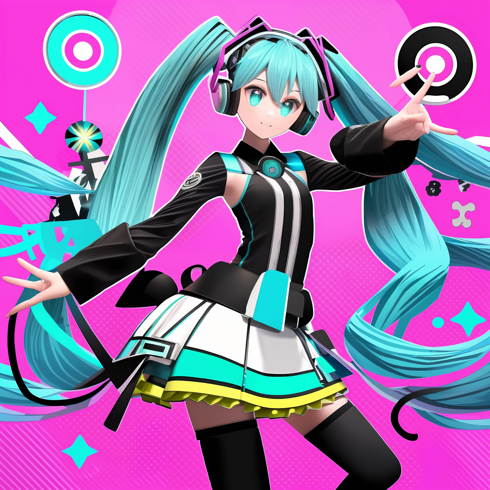 (extremely detailed CG unity 8k wallpaper,masterpiece, best quality, ultra-detailed), floating, high saturation, (1girl), dynamic pose, (Hatsune Miku), beautiful cyan hair, blue eyes, headset, black and white outfit, vibrant pink ribbons, translucent skirt, surrounded by vocaloid symbols, neon background.