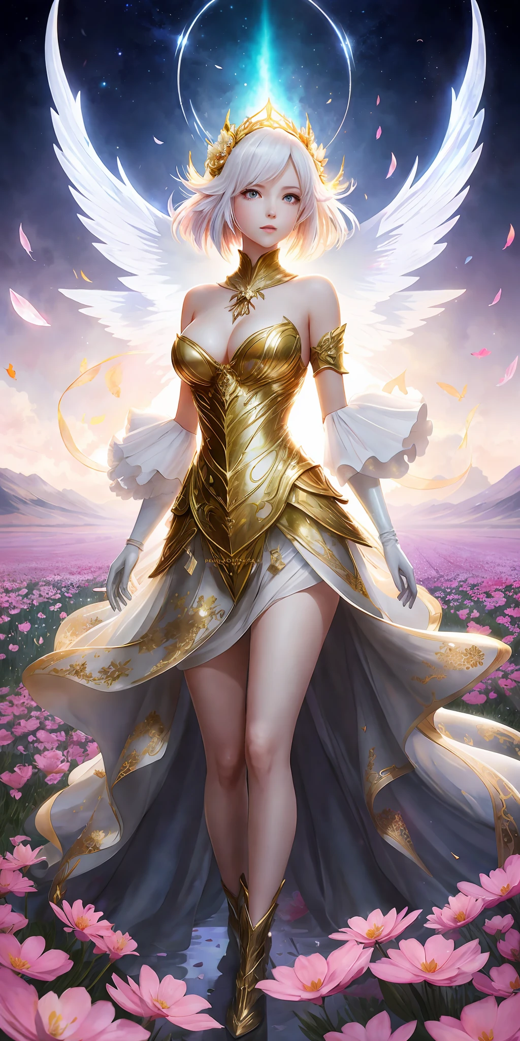 full-length, perfectly structured, anime style, watercolour, art by studio clamp, inspired by final fantasy, a stunningly beautiful woman, starlight plated gilded dress, vast field of flowers, lights in the air, thin fluid shapes, sublime, delicate, intricate details, headroom, done in photoshop, dynamic scene, high detail, high-res, vivid colors, color explosion, composite lighting, soft shadows, good composition, well drawn, crisp, sharp focus, beautiful, splash screen, 2d illustration