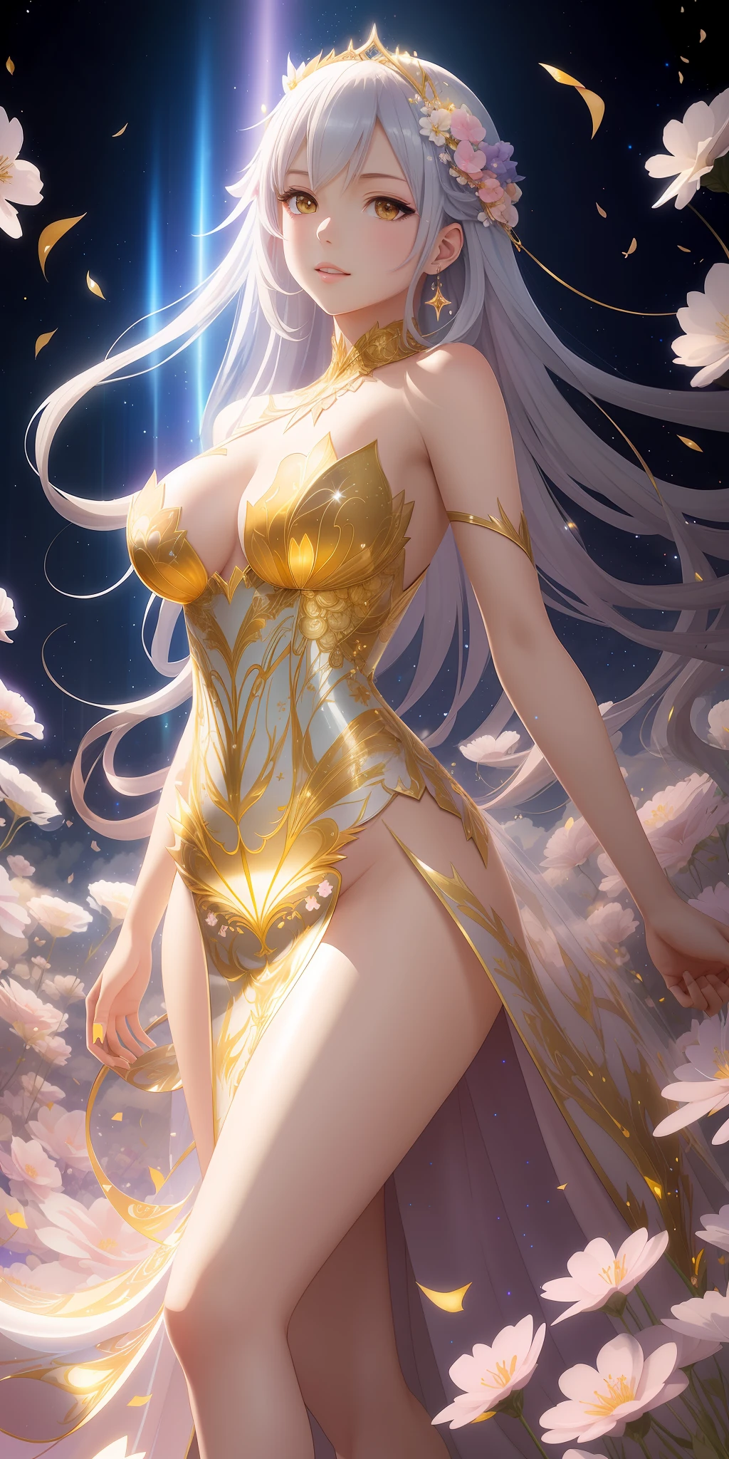 full-length, perfectly structured, anime style, watercolour, a stunningly beautiful woman, starlight plated gilded dress, vast field of flowers, lights in the air, thin fluid shapes, sublime, delicate, intricate details, headroom, done in photoshop, dynamic scene, high detail, high-res, vivid colors, color explosion, composite lighting, soft shadows, good composition, well drawn, crisp, sharp focus, beautiful, splash screen, 2d illustration