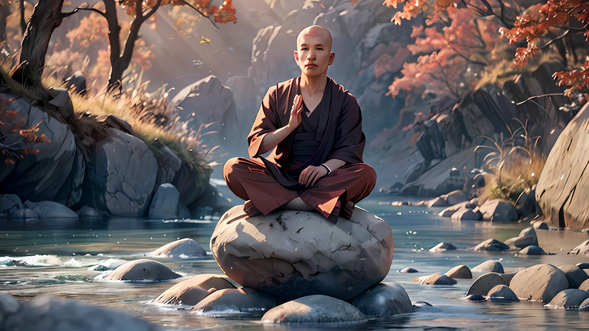Beautiful Buddhist Monk, Meditating sitting, on the edge of a river full of stones, at sunset, ultra realistic photo, perfect face details, good skin texture, perfect shadows and light, award winning photo