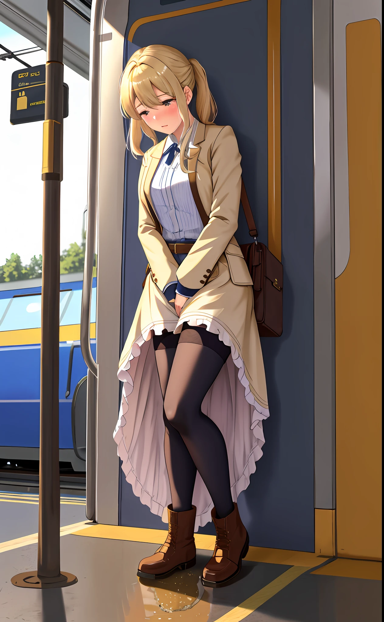 violet evergarden, peeing herself, peeing, peeing self, very desperate to pee, at a train station, full face blush, sad, crying, flustered, pubic hair, black stockings, brown boots, ruffled panties, peeing, peeing self, peeing, peeing self, pee puddle, puddle of her own urine is forming around her feet, holding small briefcase, long ruffled dress, platinum blonde hair,