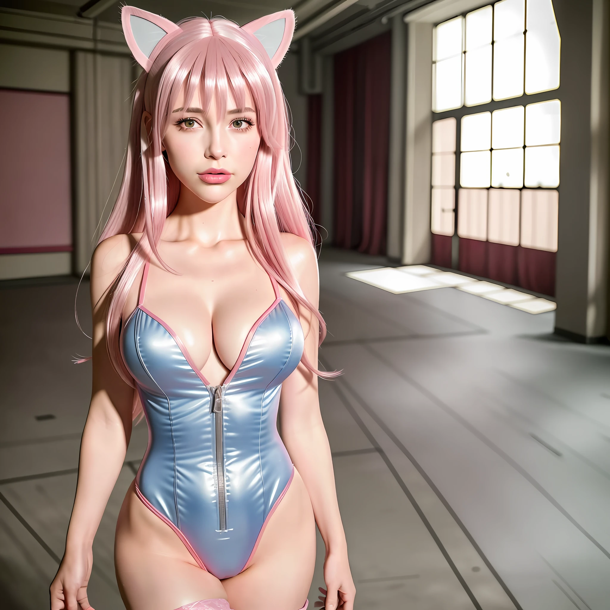 1girl, sticking out her tongue pink lingerie with a cat ears on her head and a pink wig and stockings, best quality, ultra high res, (photorealistic:1.4),(RAW photo:1.2), (photorealistic:1.4),(masterpiece:1.4),(best quality:1.4),ultra high res,HDR,8k resolution, blush, bodysuit, breasts, grey hair,jacket, large breasts, latex bodysuit, long hair, pink bodysuit, rifle, street,best quality, ultra high res,(masterpiece:1.4),(best quality:1.4),ultra high res,HDR,8k resolution, blush, bodysuit, breasts, grey hair,jacket, large breasts, latex bodysuit, long hair, mosaic censoring, pink bodysuit, rifle, simple background, dslr