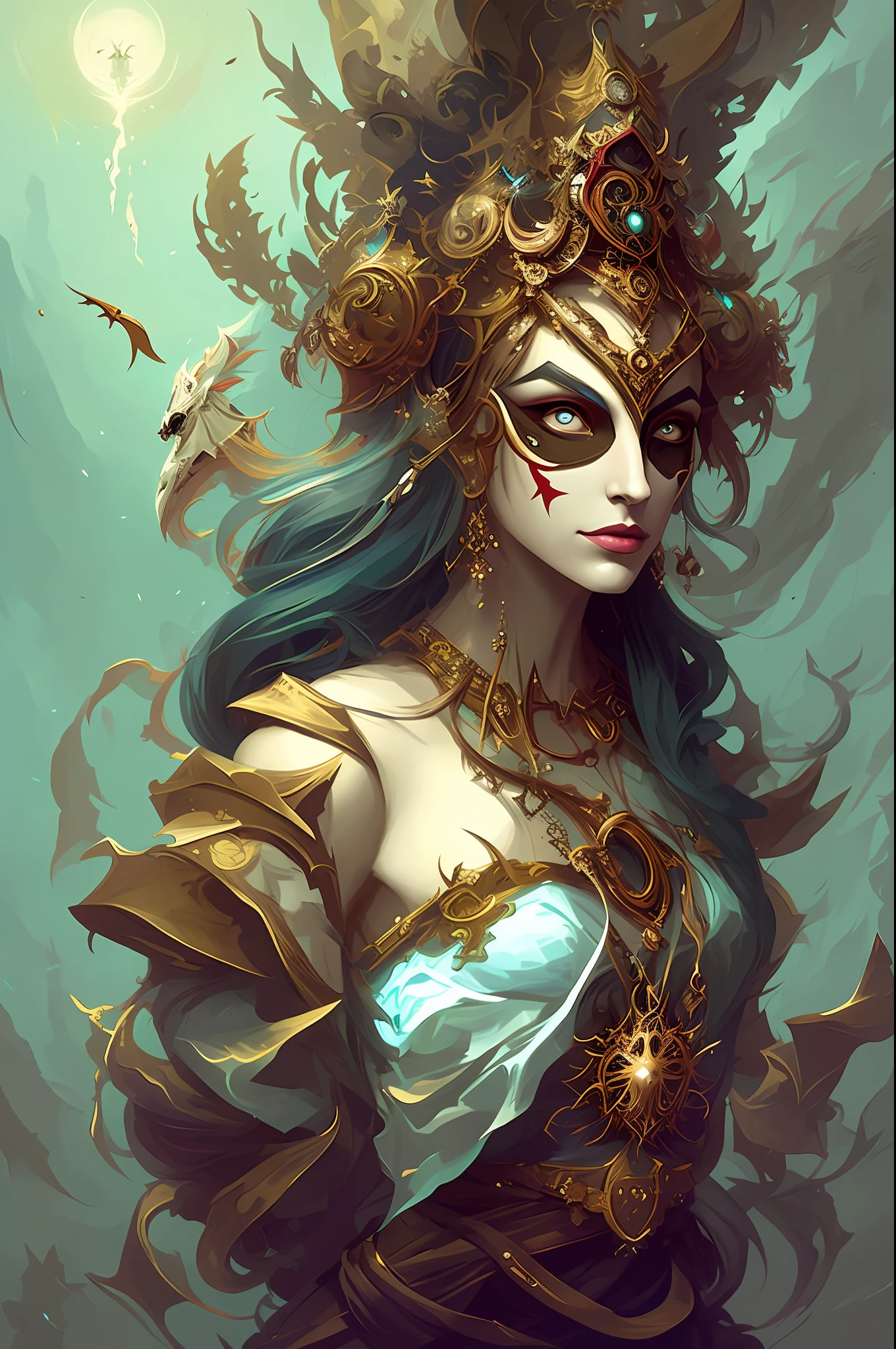 a painting of a woman with a bunch of masks on her head, symmetrical epic fantasy art, peter mohrbacher'', style of peter mohrbacher, graphic artist peter mohrbacher, in style of peter mohrbacher, earth goddess mythology, peter mohrbacher style, peter mohrbacher. unreal engine, peter mohrbacher c 2 0