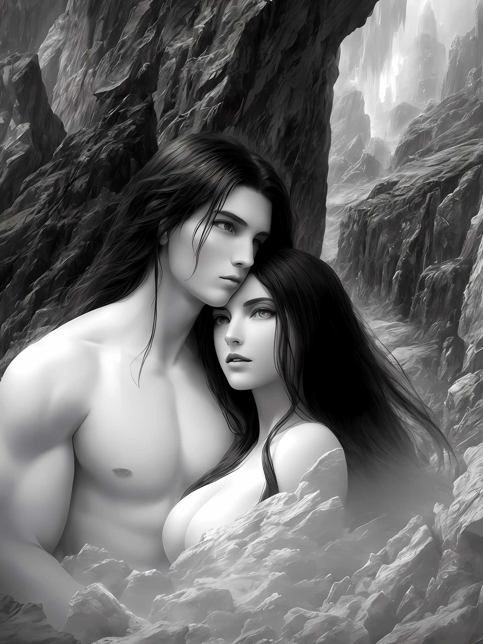 A surreal and ethereal landscape of God Hades and Goddess Persephone, Hades with long black hair, (((Black eyes))), and beautiful perfect face, strong and perfect body, and ((((Persephone with blonde hair)))), (((Green eyes))), and the perfect face, while they are in a dreamlike embrace in the depths of the underworld, detailed rendering of every detail, detailed rendering of the face, realistic and perfect rendering, High resolution, 8k