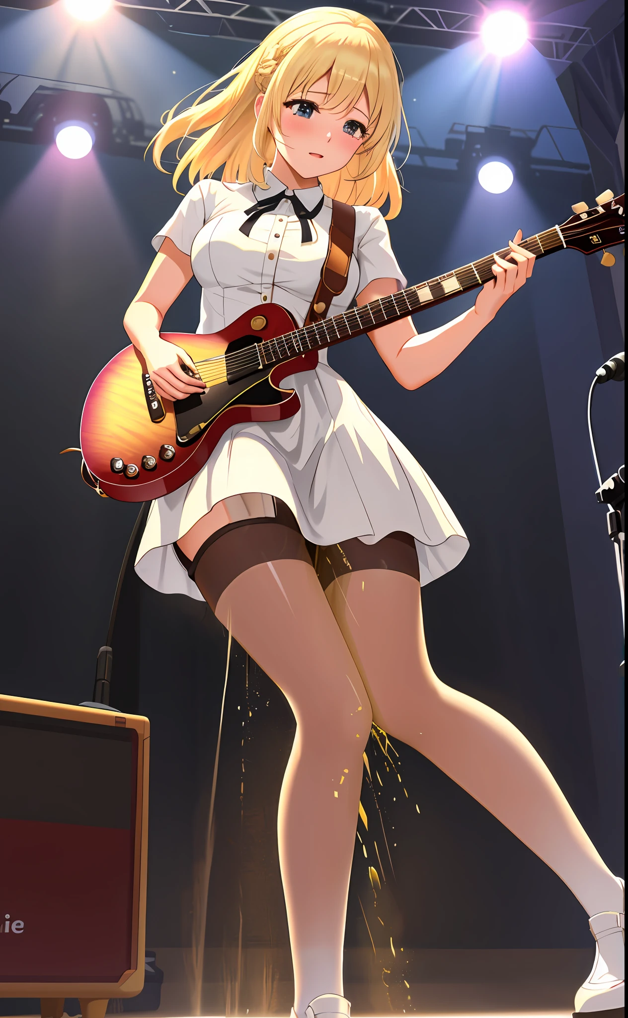 Adult, playing guitar, holding guitar, Perfect Female Figure, Small Breasts, Tuesday Simmons, standing legs together, legs crossed, white and black lolita dress, pantyhose, Blonde Hair with Fringe, Light Eyes, peeing herself, peeing, peeing self, very desperate to pee, upskirt, holding a guitar on stage, full face blush, sad, crying, flustered, pubic hair, white panties, white stockings wet, peeing, peeing self, peeing, peeing self, pee puddle, puddle of her own urine is forming around her feet, standing on stage, cinematic lighting, anime still HD,