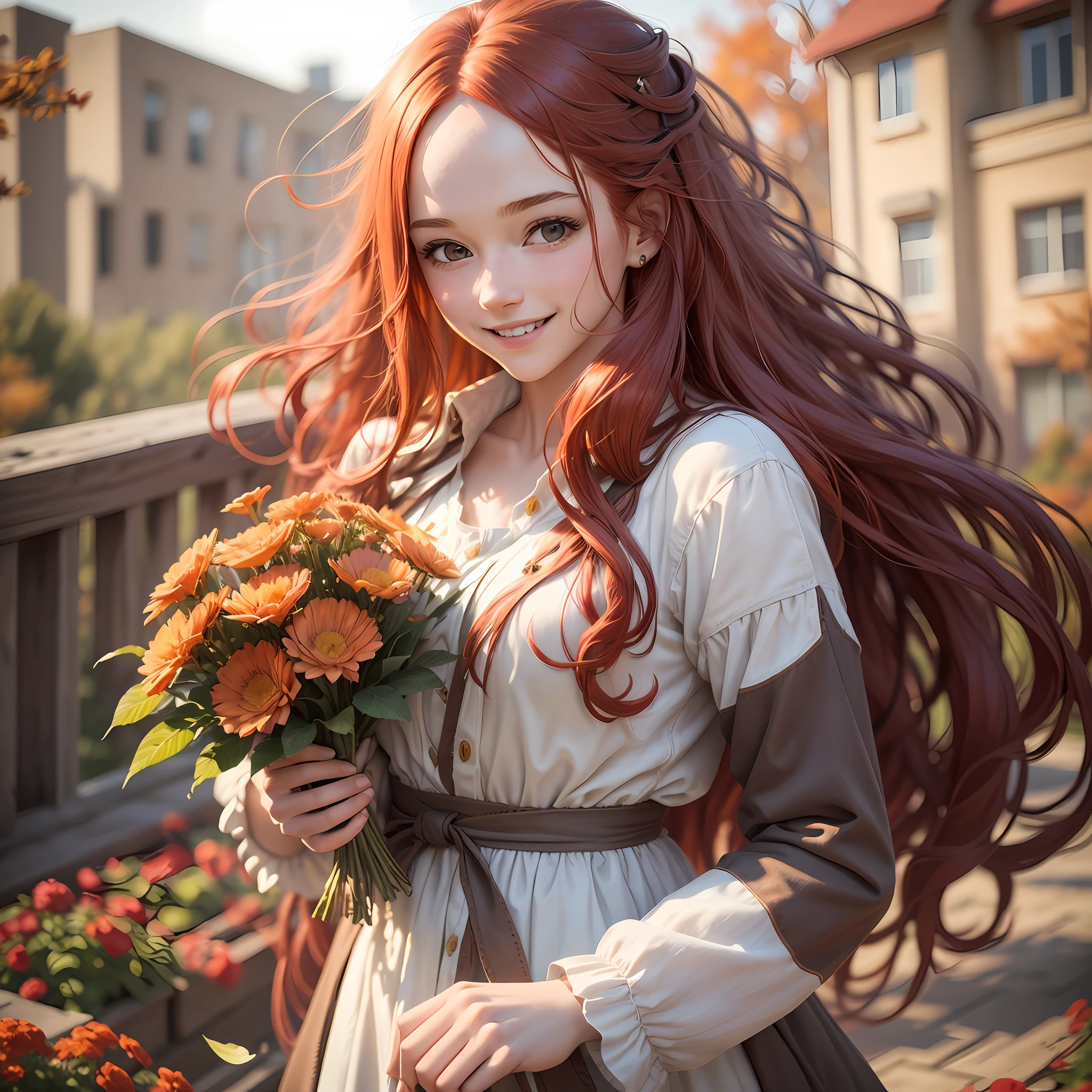1girl, (((solo)))), (30 years of messy long red hair, smiling happily, gentle eyes: 1.15), masterpiece, sculptural model body, autumn afternoon, blooming garden, soft warm light, flowers blowing in the wind, motion blur lens