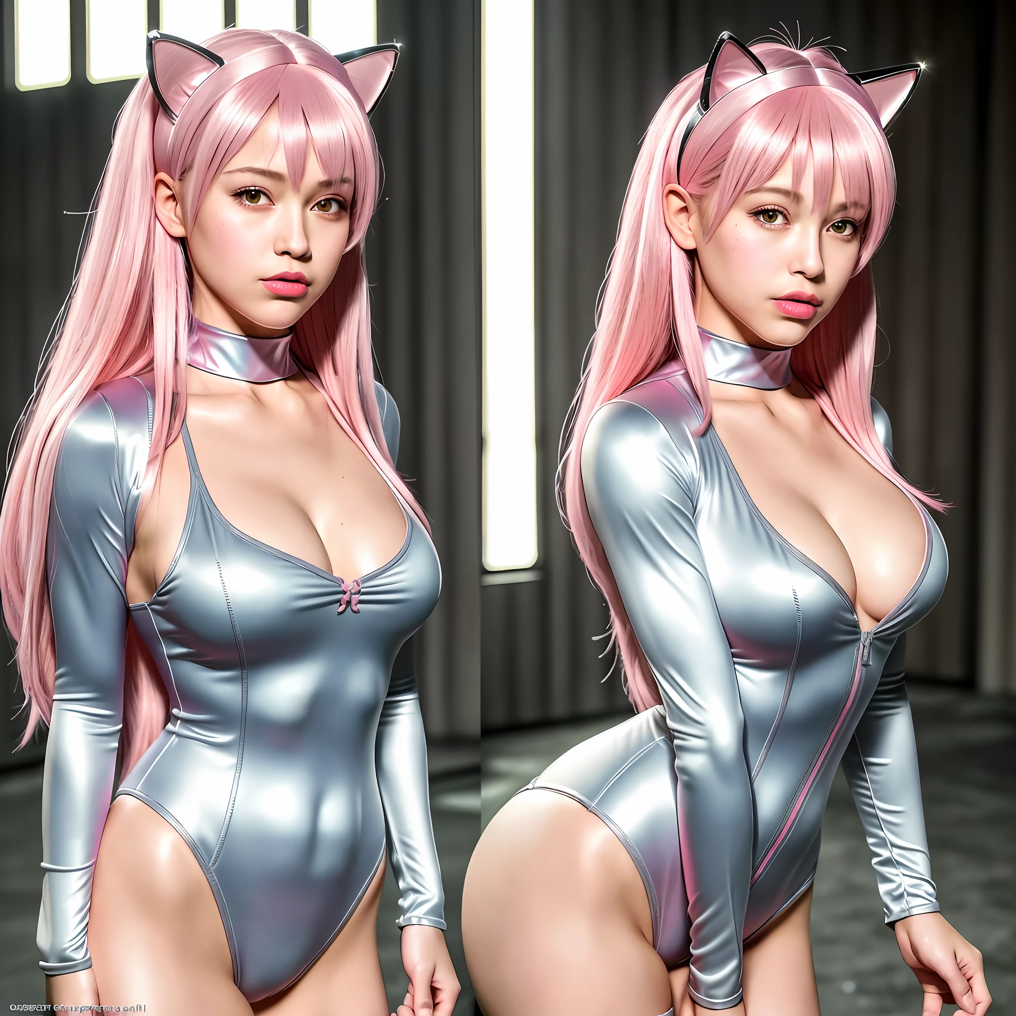 1girl, sticking out her tongue pink lingerie with a cat ears on her head and a pink wig and stockings, best quality, ultra high res, (photorealistic:1.4),(RAW photo:1.2), (photorealistic:1.4),(masterpiece:1.4),(best quality:1.4),ultra high res,HDR,8k resolution, blush, bodysuit, breasts, grey hair,jacket, large breasts, latex bodysuit, long hair, pink bodysuit, rifle, street,best quality, ultra high res,(masterpiece:1.4),(best quality:1.4),ultra high res,HDR,8k resolution, blush, bodysuit, breasts, grey hair,jacket, large breasts, latex bodysuit, long hair, mosaic censoring, pink bodysuit, rifle, simple background, dslr