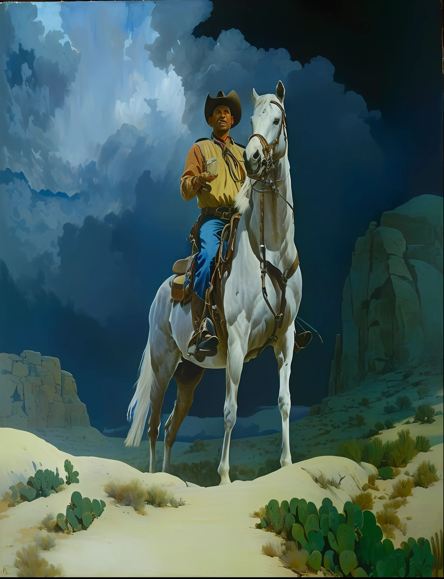 painting of a man riding a horse in a desert area, western painting, cowboy, western art, inspired by Frederic Remington, inspired by N.C. Wyeth, inspired by N. C. Wyeth, inspired by Mort Künstler, kent monkman, by Ron Spears, darrell k sweet, by Roy Newell, by Wayne England