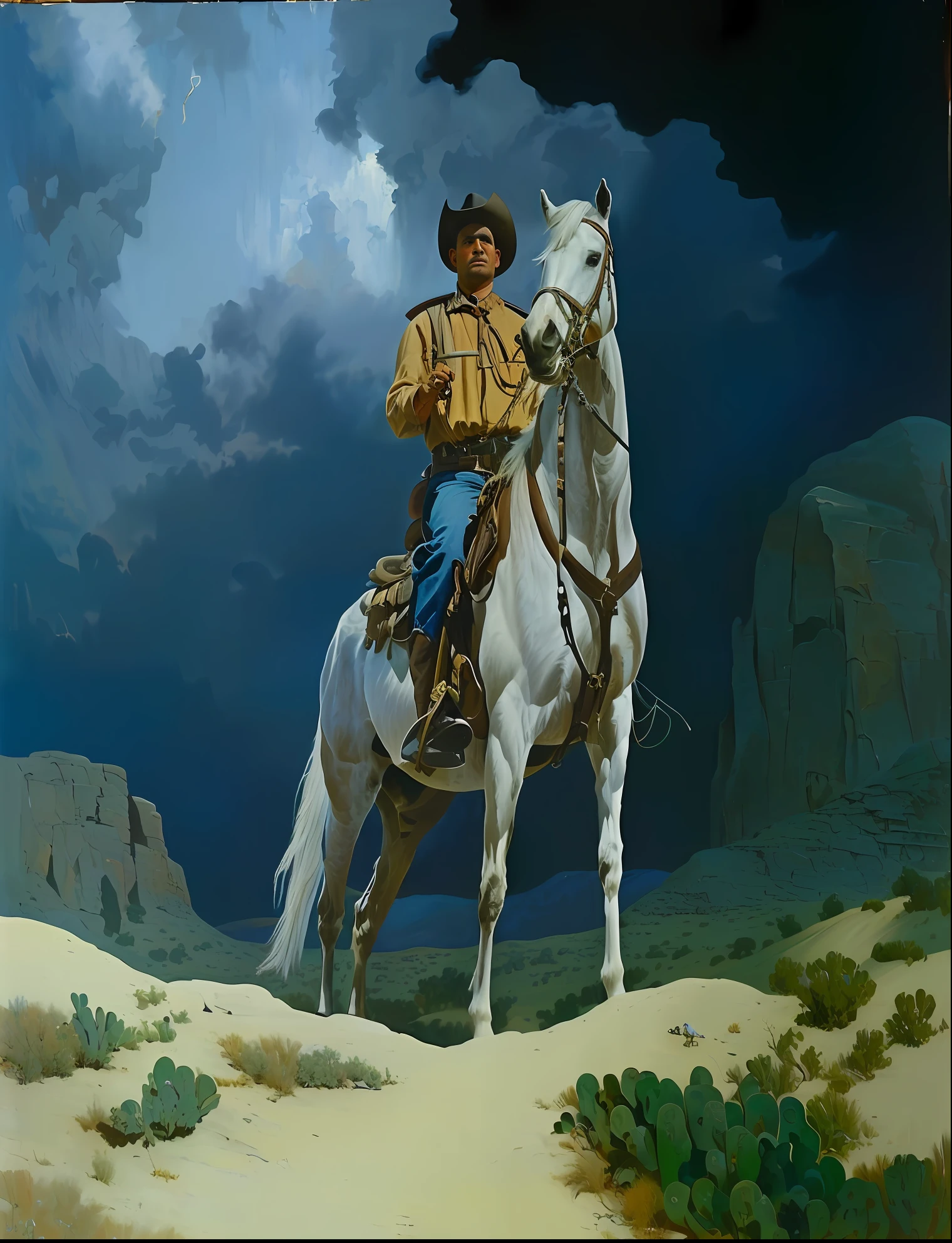 painting of a man riding a horse in a desert area, western painting, cowboy, western art, inspired by Frederic Remington, inspired by N.C. Wyeth, inspired by N. C. Wyeth, inspired by Mort Künstler, kent monkman, by Ron Spears, darrell k sweet, by Roy Newell, by Wayne England