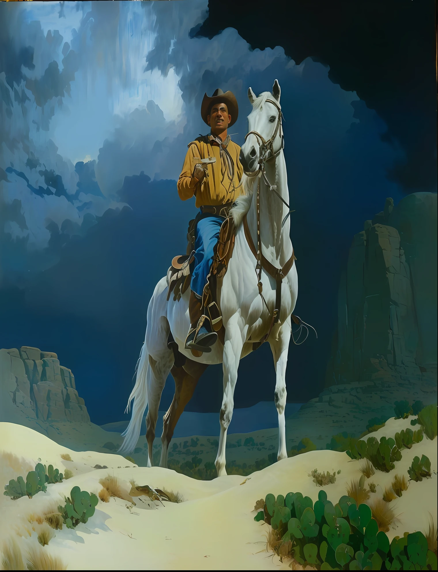 painting of a man riding a horse in a desert area, western painting, cowboy, western art, inspired by Frederic Remington, inspired by N.C. Wyeth, inspired by N. C. Wyeth, inspired by Mort Künstler, kent monkman, by Ron Spears, darrell k sweet, by Roy Newell, by Wayne England