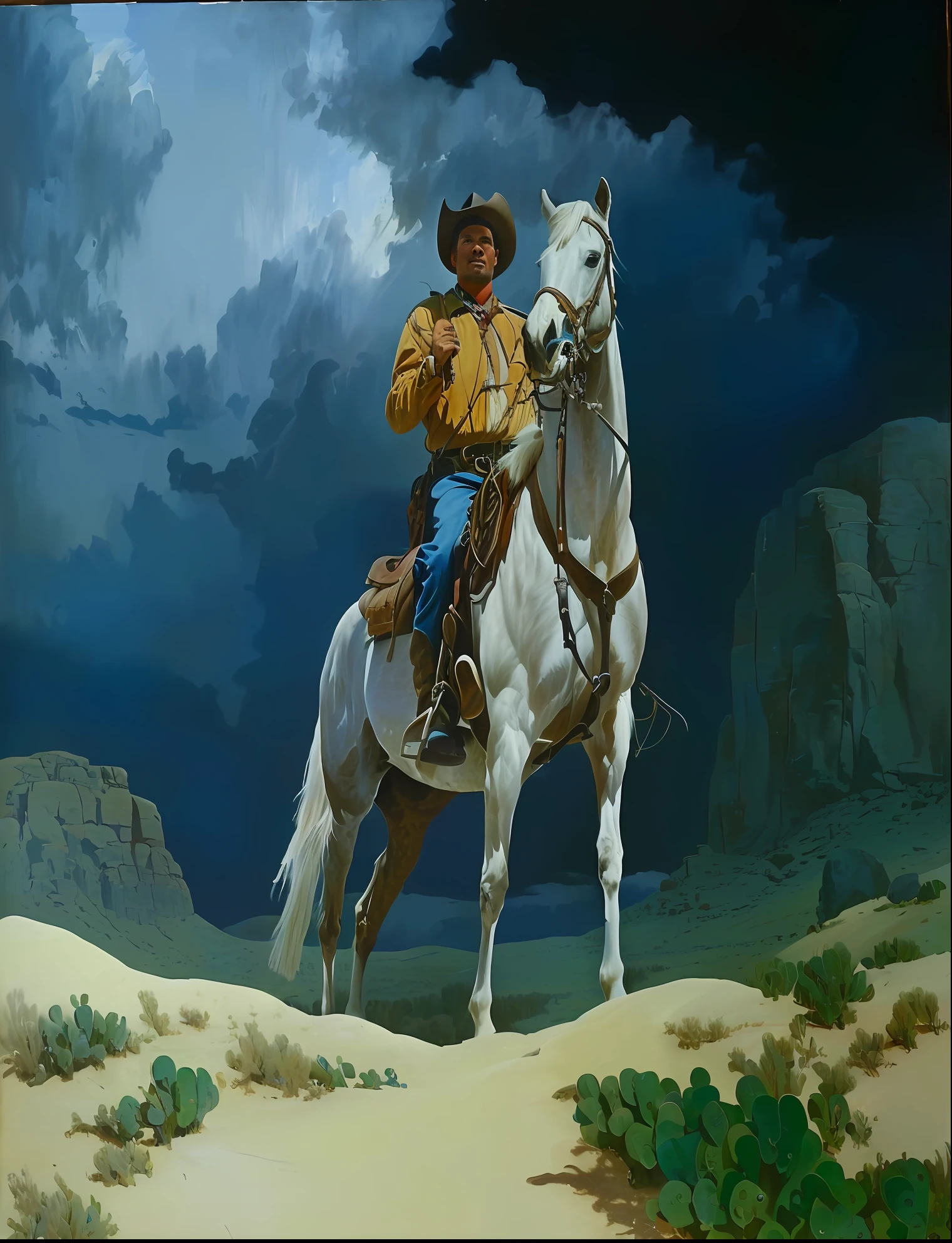 painting of a man riding a horse in a desert area, western painting, cowboy, western art, inspired by Frederic Remington, inspired by N.C. Wyeth, inspired by N. C. Wyeth, inspired by Mort Künstler, kent monkman, by Ron Spears, darrell k sweet, by Roy Newell, by Wayne England