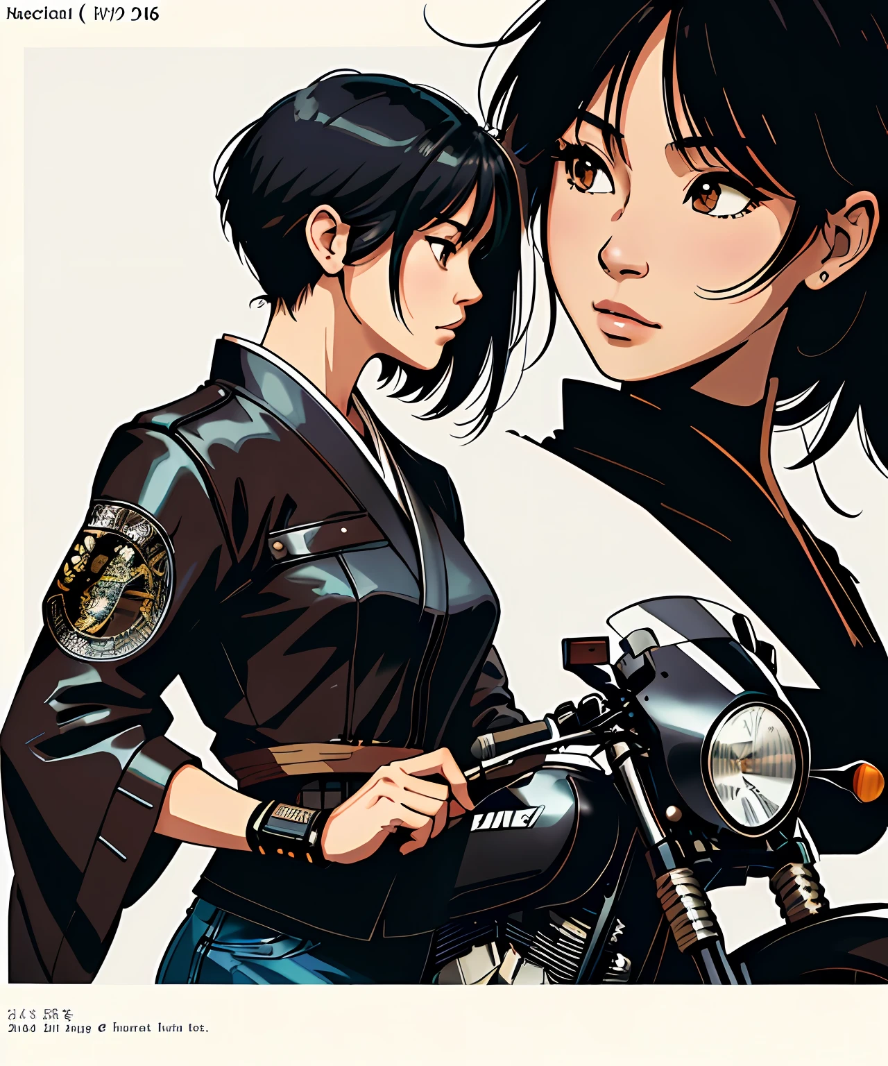 (inked original-art:1.2),(lineart:1.31),portrait Japanese female, brown eyes, motorcycle attire (depth), Bobbed Haircut, medium length hair, dramatic,poster-art,(hyperdefined),(side profile),(thin-lines), Black hair color, fantasy aesthetic,complex-lighting,(fine-details:1.3),RAW-format,(limited-palette),clean,intricate