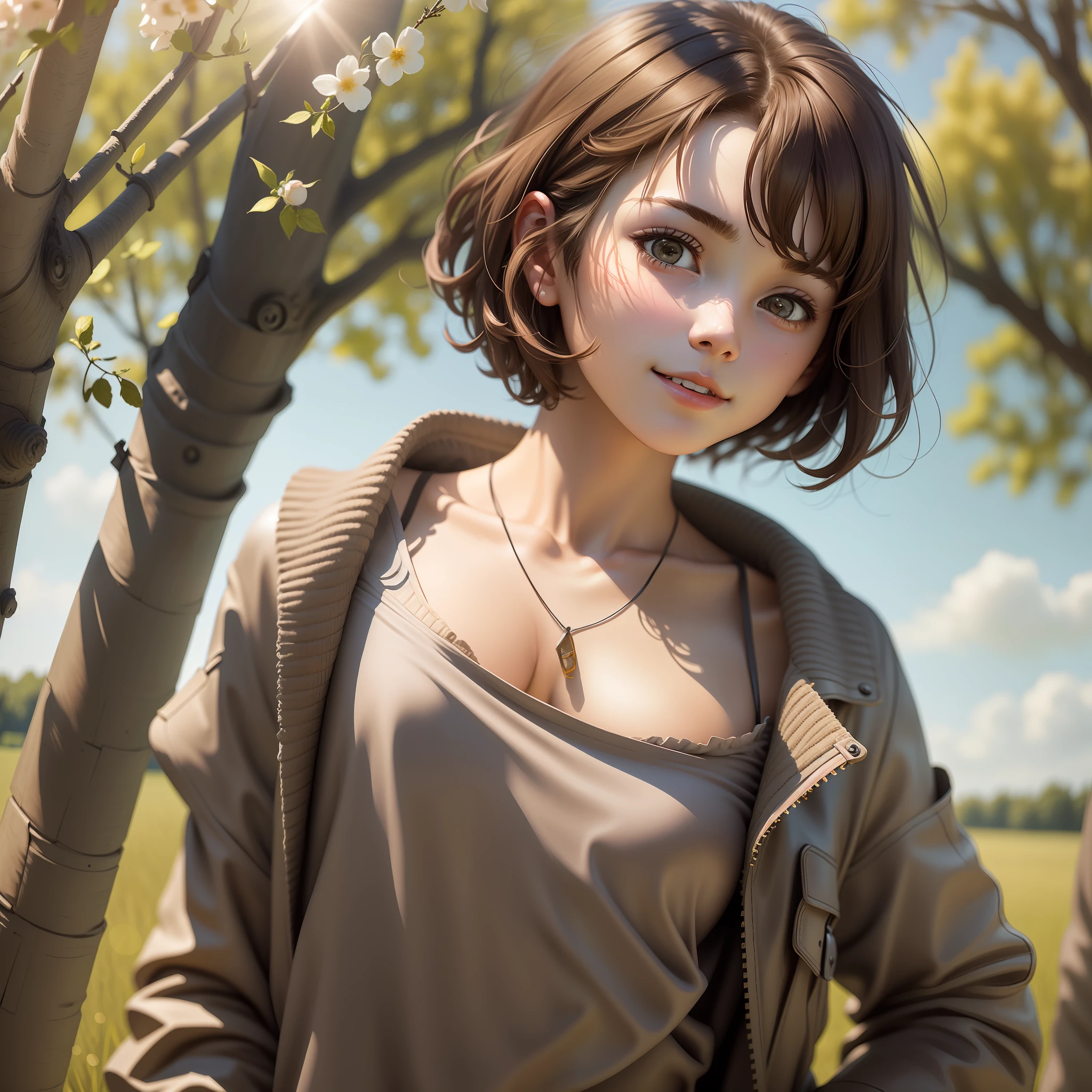 1girl, (((solo))), ( short brown hair, happy, serious look: 1.15), masterpiece, osculptural model body, spring afternoon, open field, soft warm light, trees blowing in the wind, looking ahead, motion blur lens