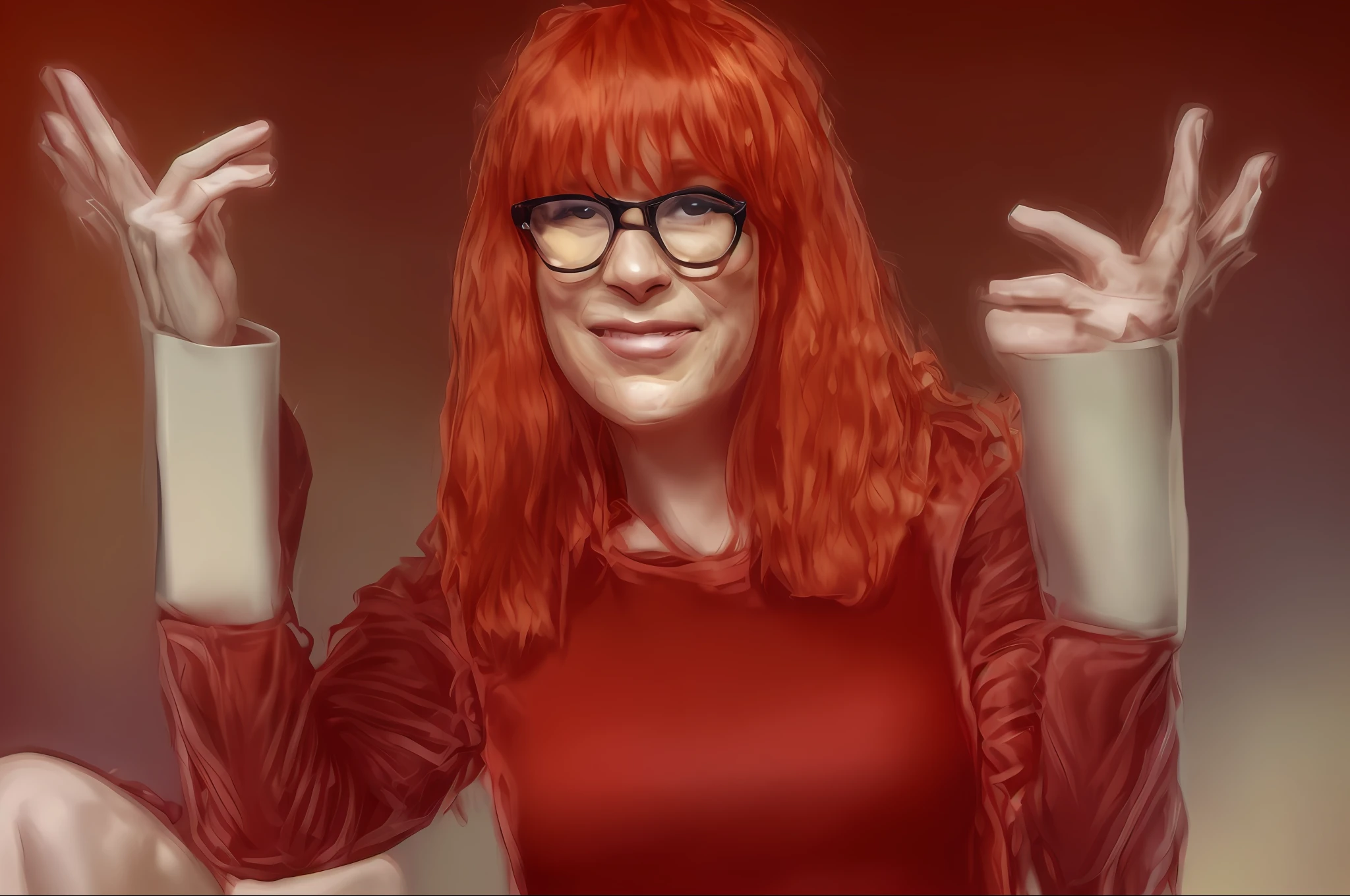 A woman with red hair and glasses sitting in a chair with her hands up, with red hair, red wig, red hair and attractive features, she has red hair, with long red hair, mylene farmer, hair dyed red, with curly red hair, crimson red hair and red eyes, 🦩🪐🐞👩🏻🦳 inspired by Rita Lee