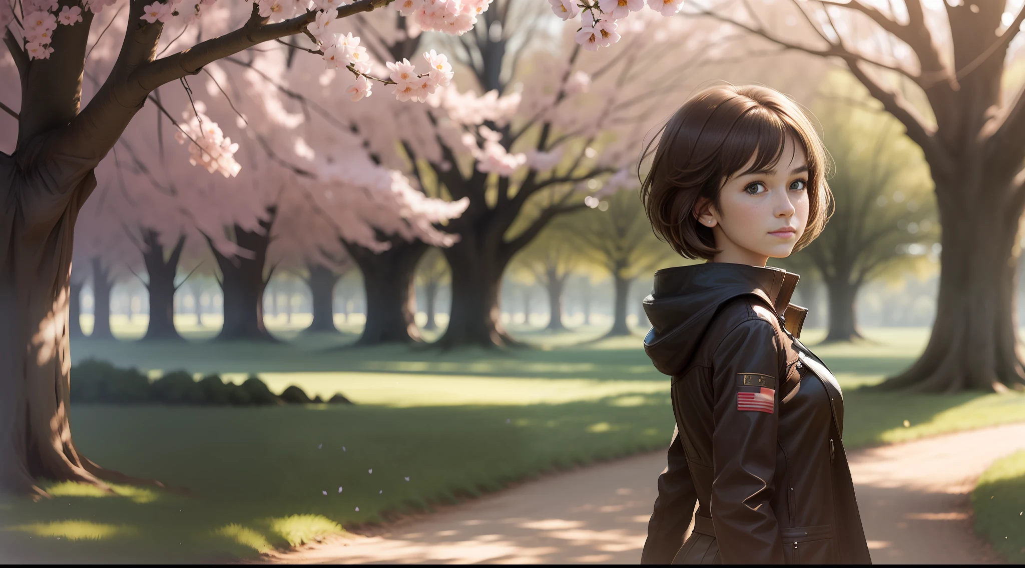 1girl, (((solo))), ( short brown hair, happy, serious look: 1.15), masterpiece, osculptural model body, spring afternoon, open field, soft warm light, trees blowing in the wind, looking ahead, motion blur lens