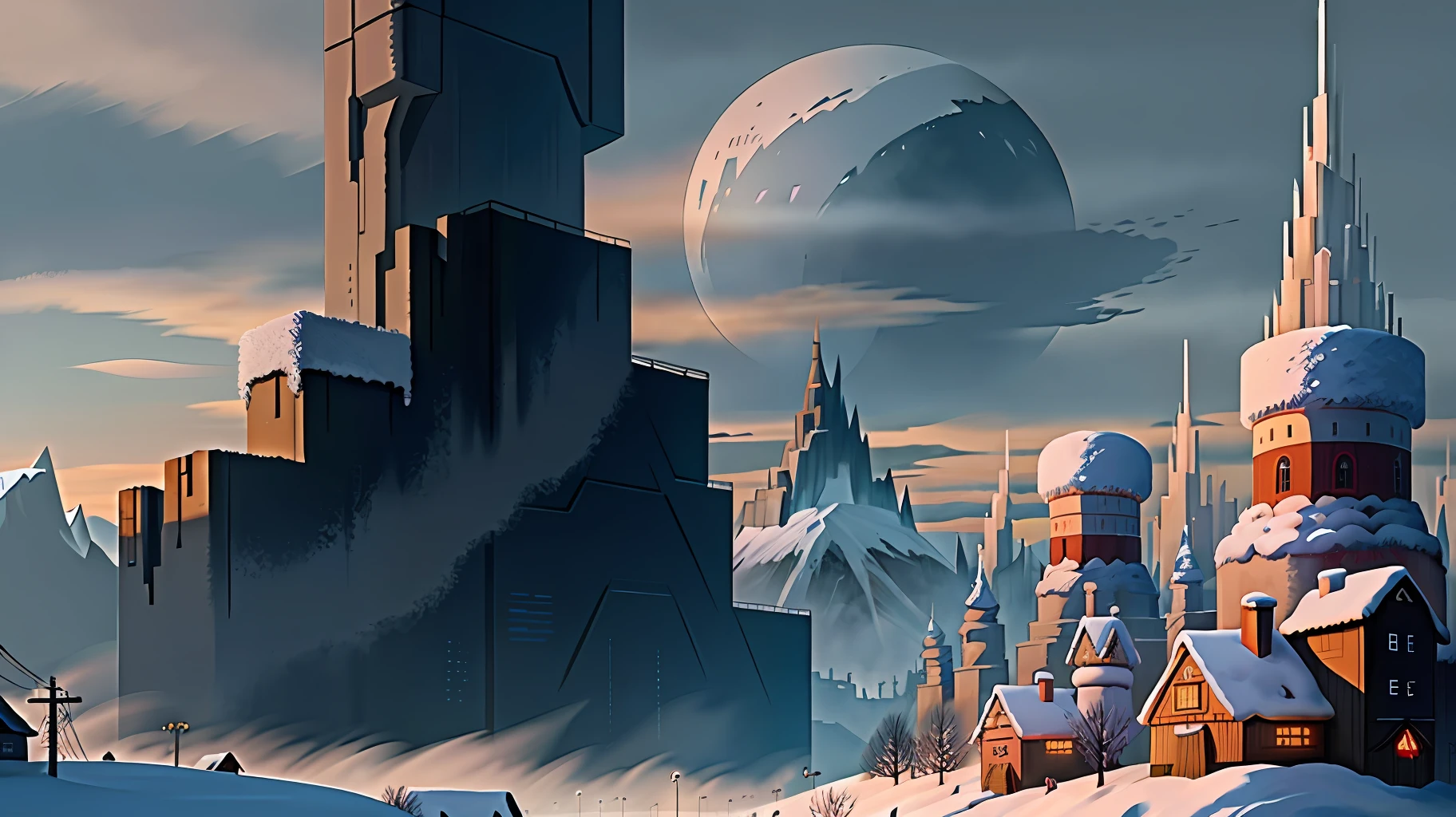Siberian village, giant Skyscraper in the distance, strong wind, cold winter, dystopian