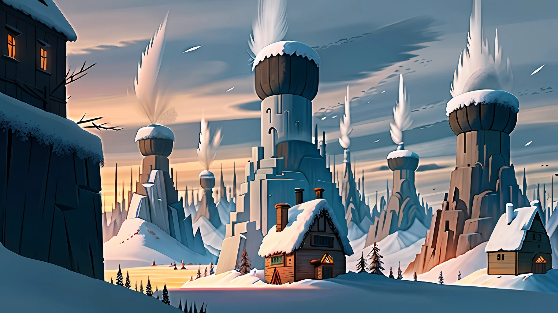 Siberian village, giant Skyscraper in the distance, strong wind, cold winter, dystopian