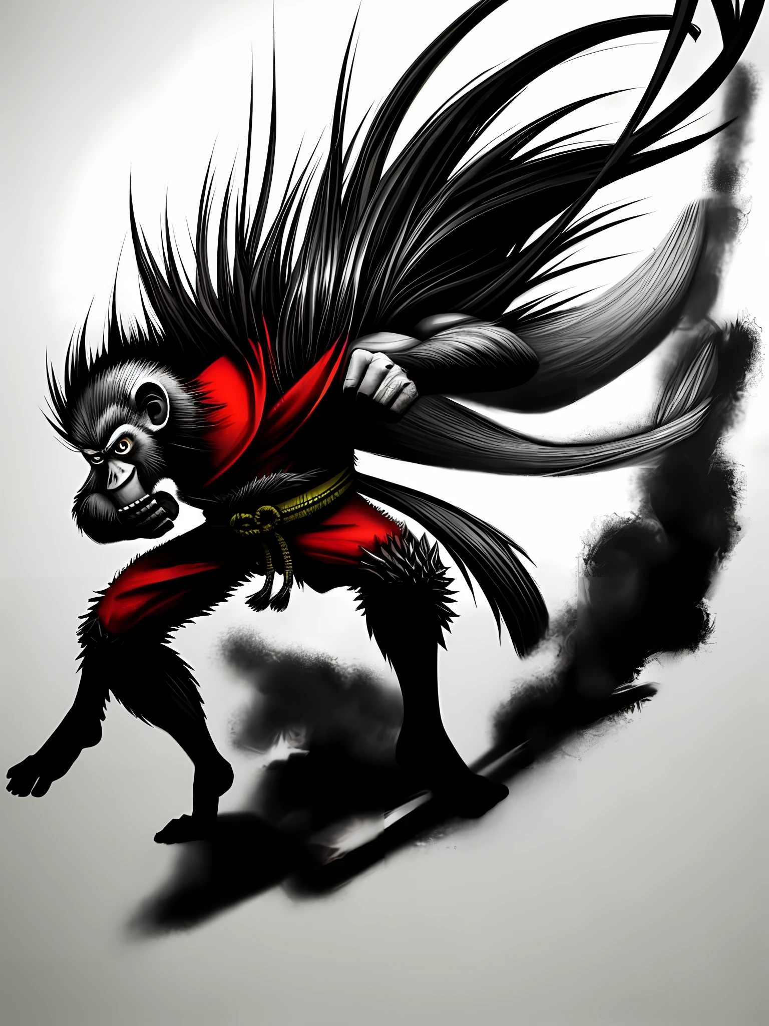 Monkey, samurai ART style, 3:5 photo quality, zomm2.2, white and black color, graphite ART mode