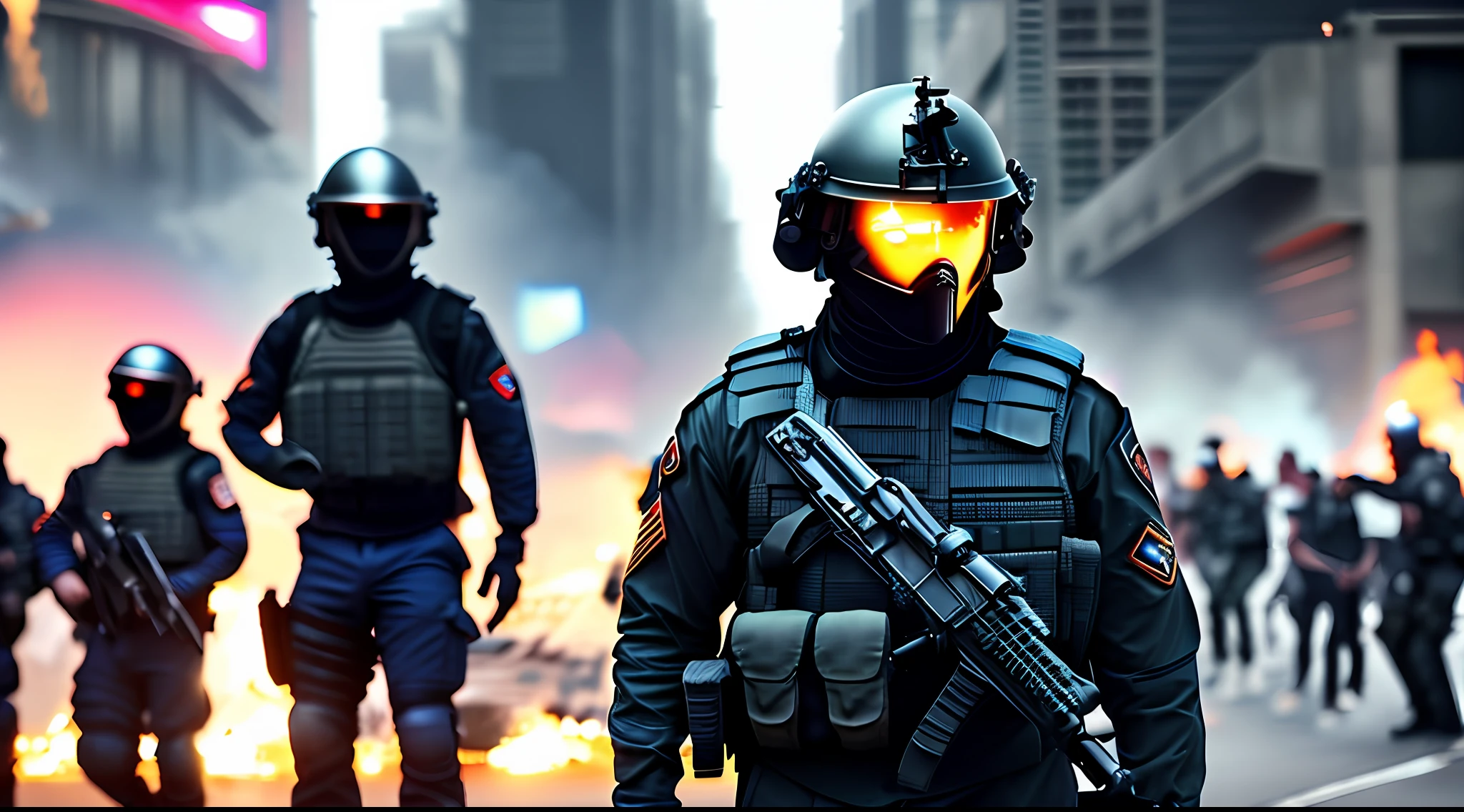 futuristic scenes showing the clash of armed forces with protesters (vibrant, photorealistic, realistic, hyperrealism, insanely detailed, dramatic, dark, sharp focus, 8k)