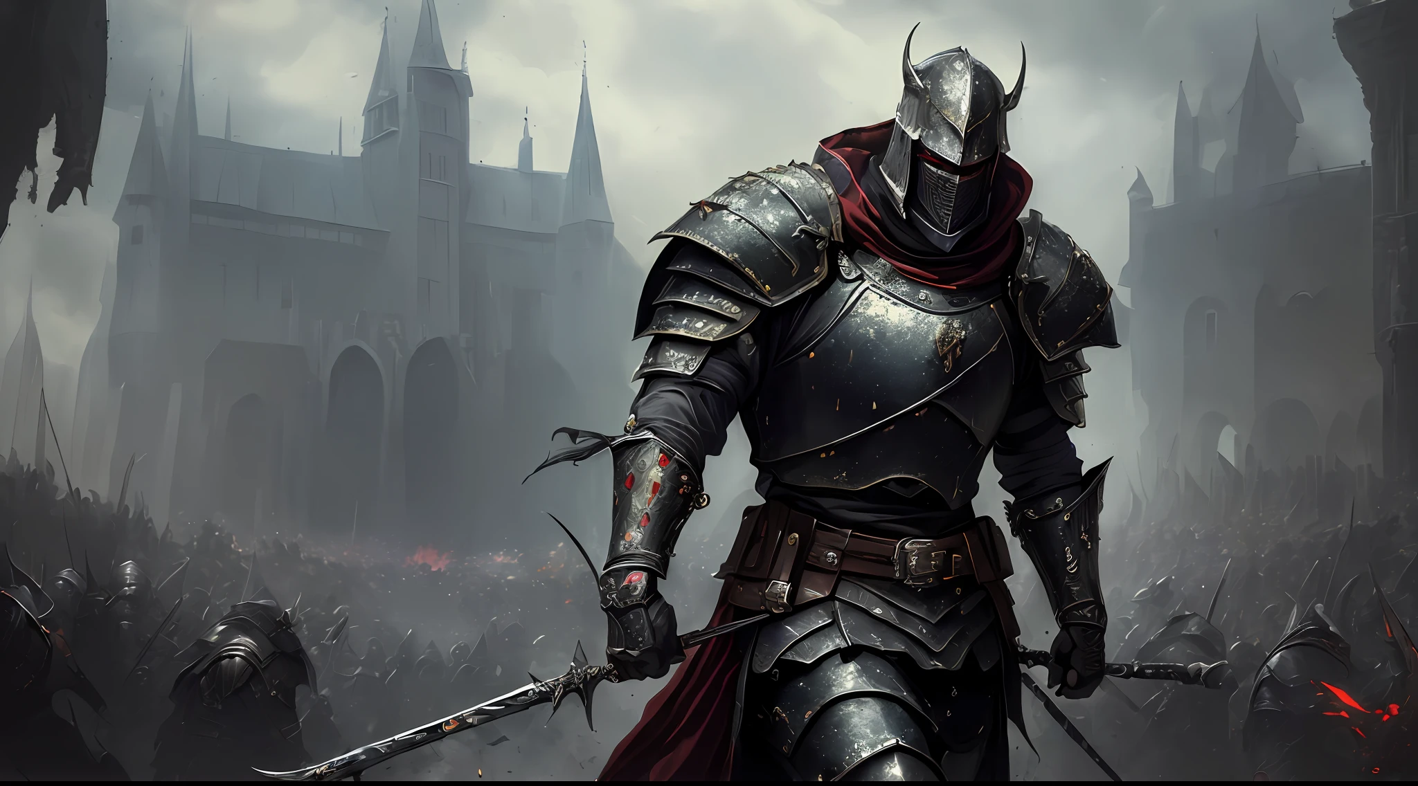 (((8k, best quality, masterpiece:1.4)))), ultra high resolution, ultra detailed, illustration, a medieval dark warrior, colorful, action scene, sinister environment, in a medieval arena, ((horror)), upper body, dark scenery well done, background only.