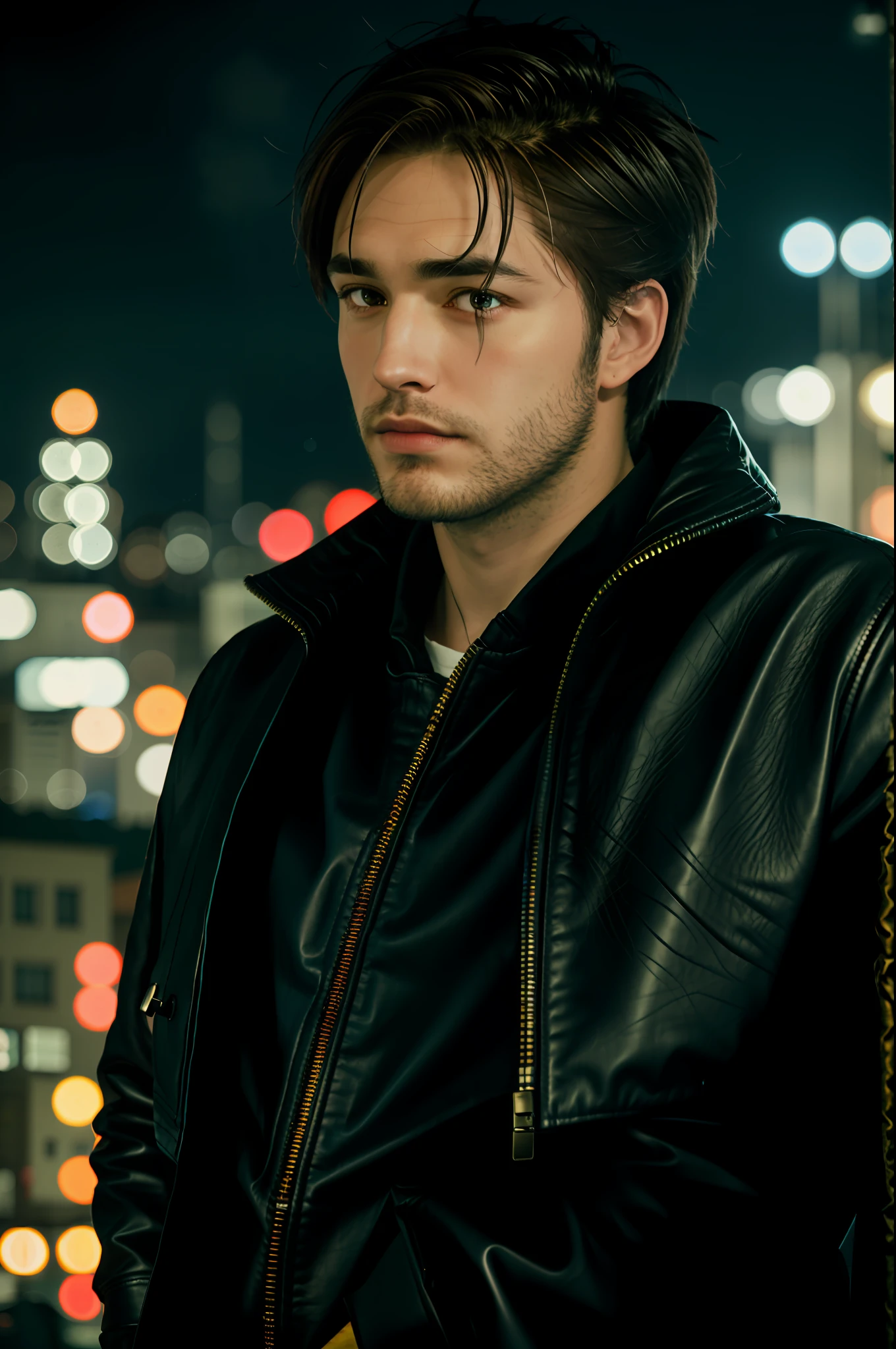 closeup of a man with black hair, red leather jacket looking to the side, over the city at night, cinematic blue lighting, 8K, RAW, HD, stunning masterpiece, menacing smile