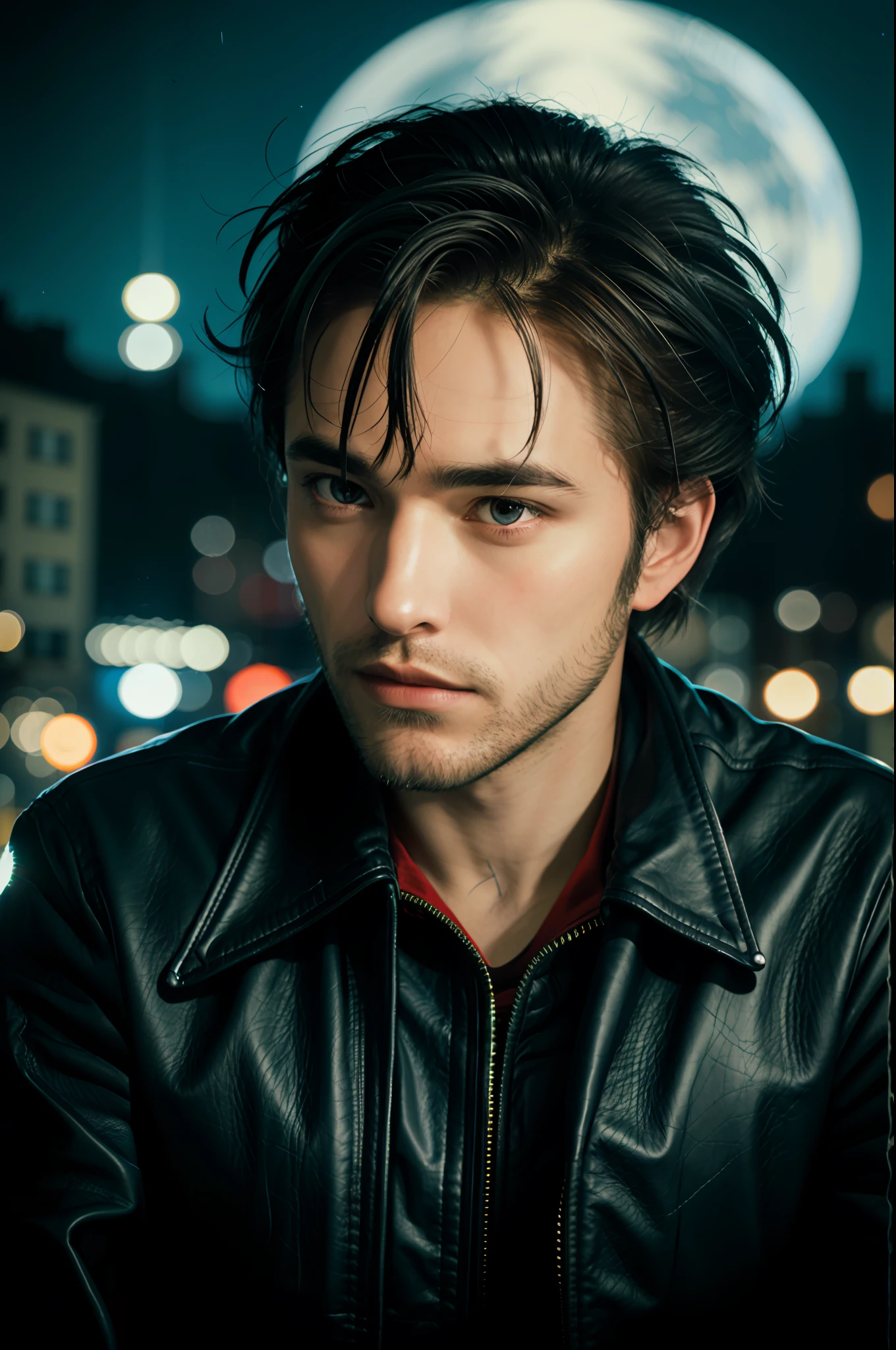 closeup of a man with black hair, red leather jacket looking to the side, over the city at night, cinematic blue lighting, 8K, RAW, HD, stunning masterpiece, menacing smile