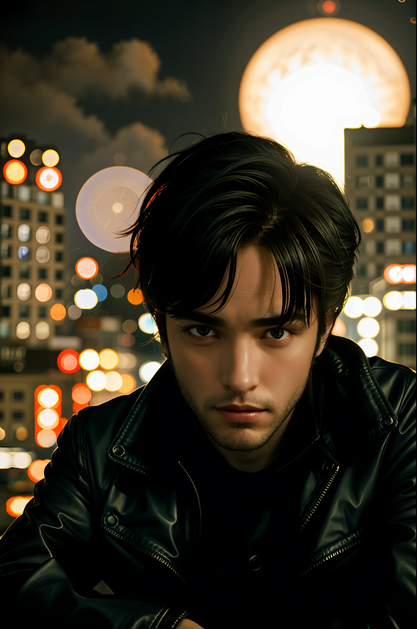 closeup of a man with black hair, red leather jacket looking to the side, over the city at night, cinematic blue lighting, 8K, RAW, HD, stunning masterpiece, menacing smile