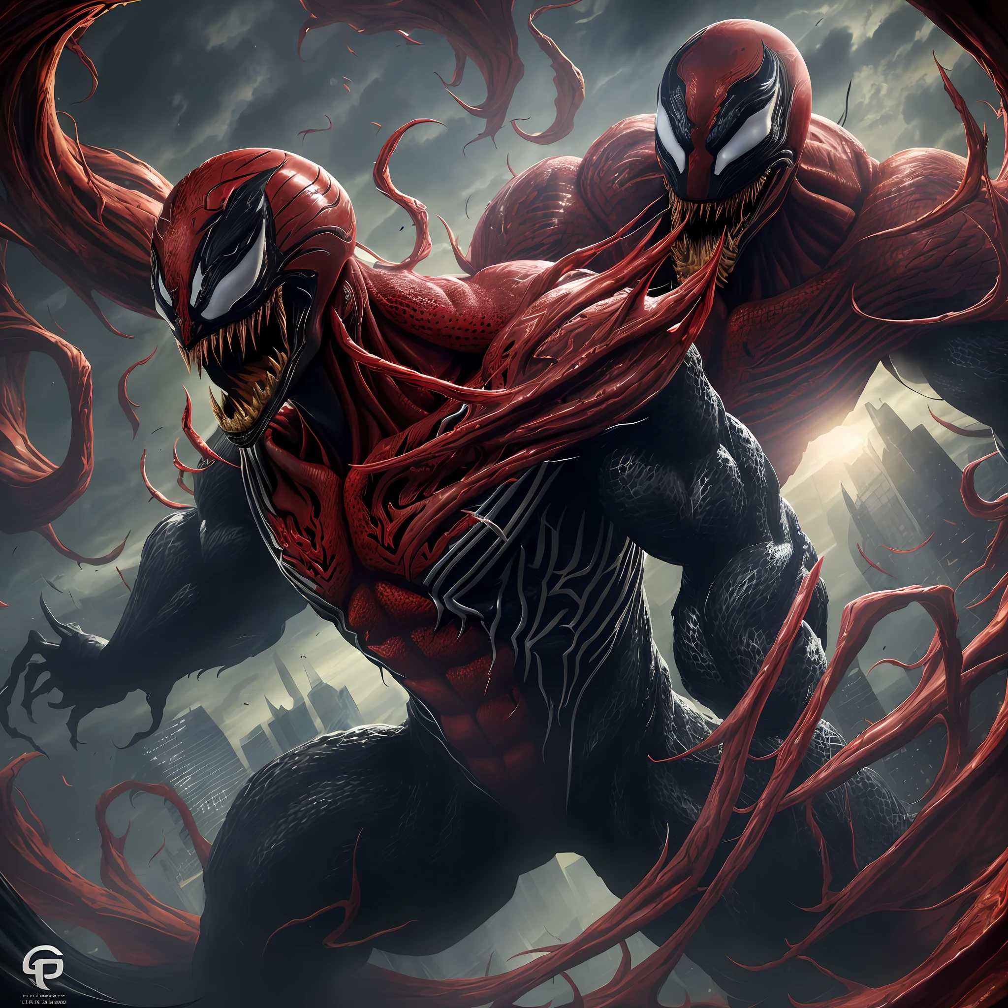 "(((Work of Art))), high quality, ultra-realistic detailed scenes, perfect lighting, using state-of-the-art rendering, showing the power and elegance of symbiosis, a red humanoid figure with sharp teeth, organic and shiny aesthetics, with details in black and dark red, Symbiote, Venom-like carnage