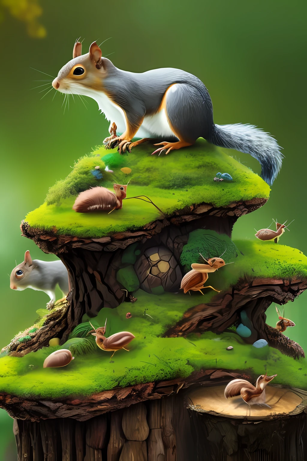 single squirrel perched on top of an anthill+large black ants crawling up the anthill+surrounded by acorns and moss patches -isolated imagery-mystical fantasy-upscale