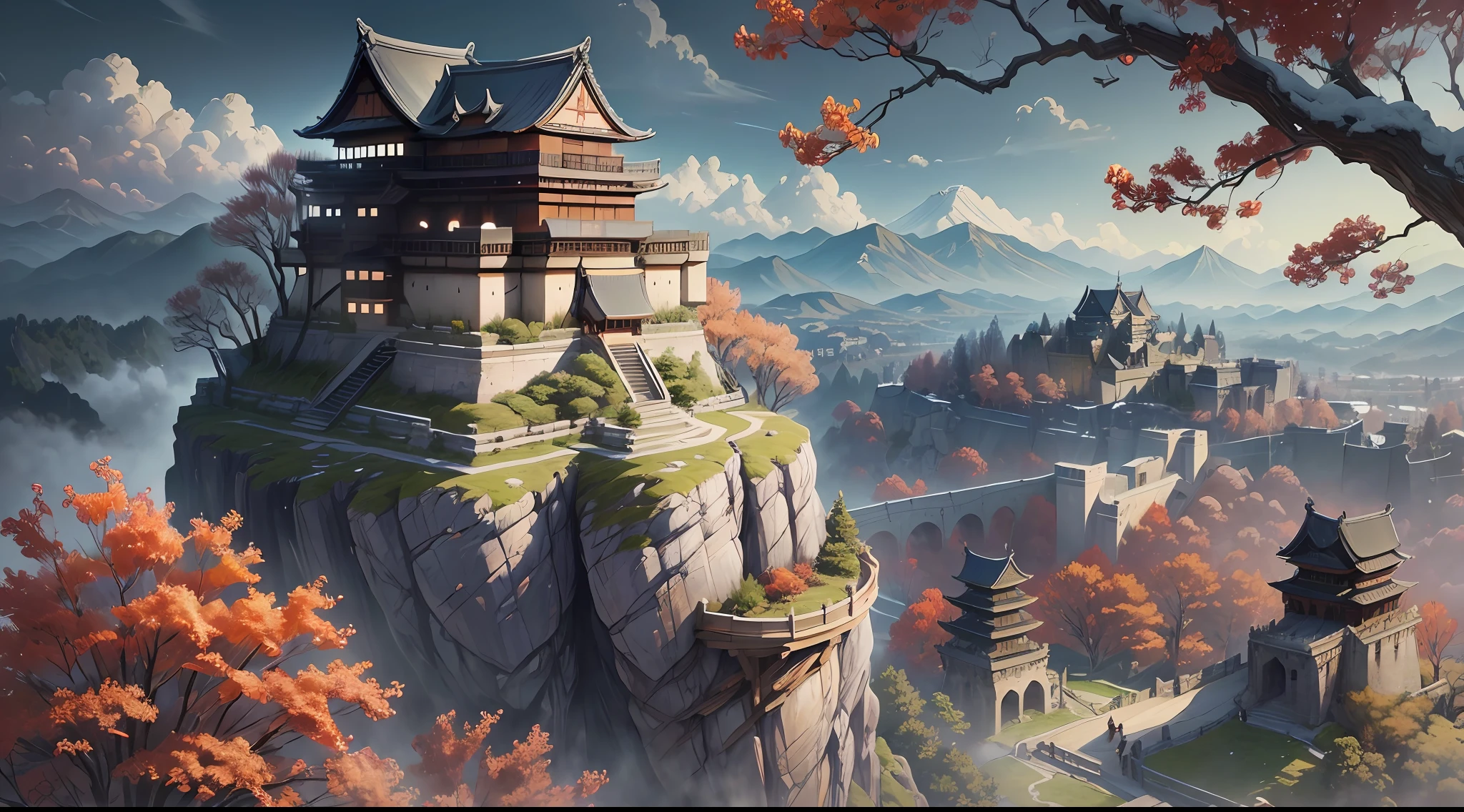 Masterpiece, best quality, (very detailed CG unit 8k wallpaper) (best quality), (best illustration), (best shadows) (male), sekiro on top of a cliff, looking at Ashina castle, feudal Japan, Ray tracing, sinister environment, ultra detailed, , impressionism style --v6