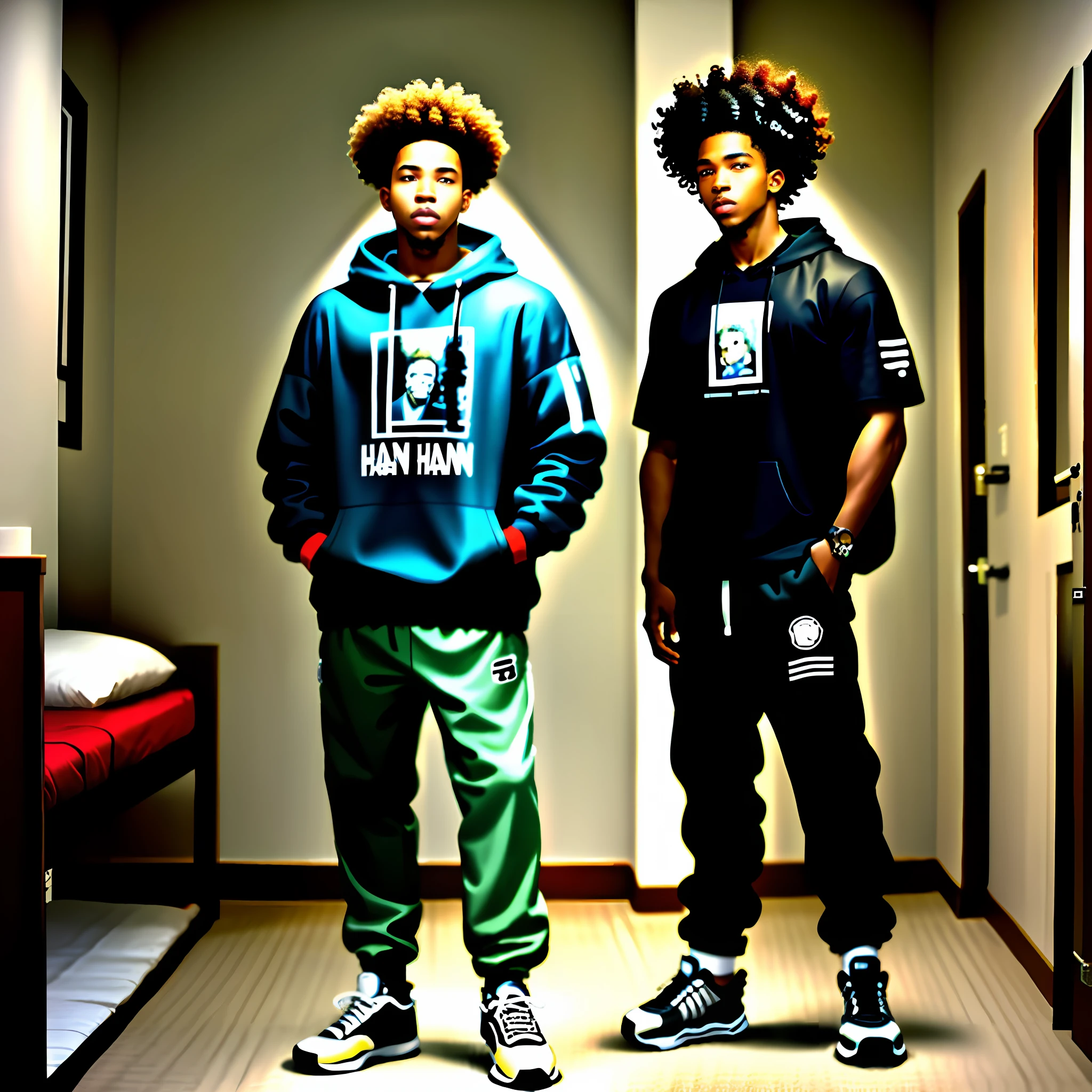 Black man,standing still, hip hop outfit,curly hair,bed boy picture,photo4:3