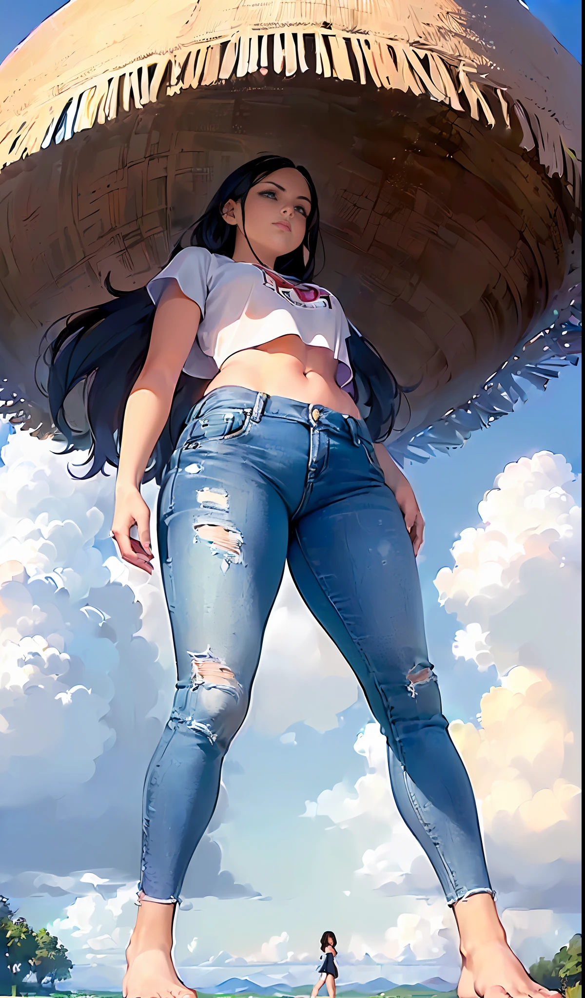 ((((15m giant woman))), one girl, crop top, (((If you look up at the girl from her feet, perspective, lower view))), towering body, sfw, normal clothes, jeans, (1girl:1.9)