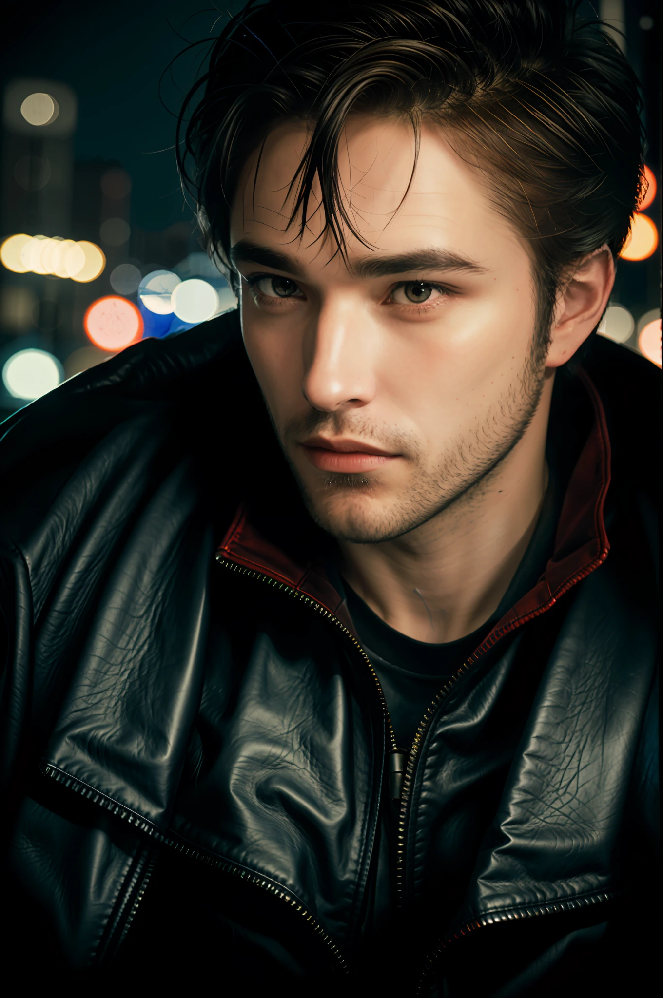 closeup of a man with black hair, red leather jacket looking to the side, over the city at night, cinematic blue lighting, 8K, RAW, HD, stunning masterpiece, menacing smile