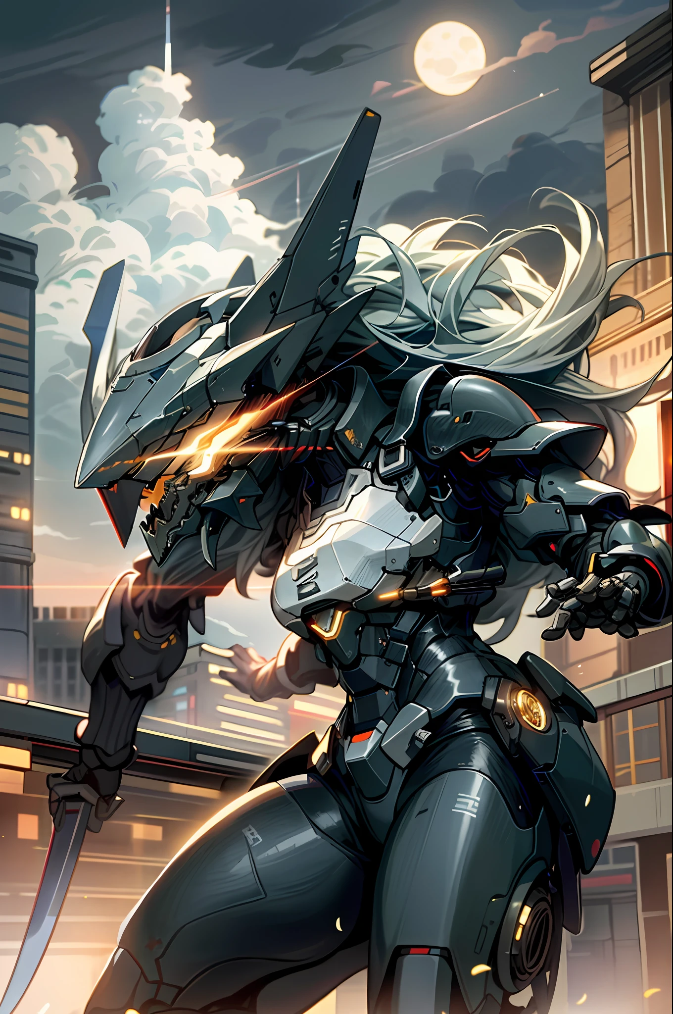 rainy night view, half moon, clouds, holding_weapon, no_humans, glowing, , robot, building, glowing_eyes, mecha, science_fiction, city, real, mech, fighter plane flying, beam funnel strafing, attacking, sniping space colony explodes, mankind's strongest weapon, armored armor, hero, liberal, legendary soldier, female soldier, Breasts are large