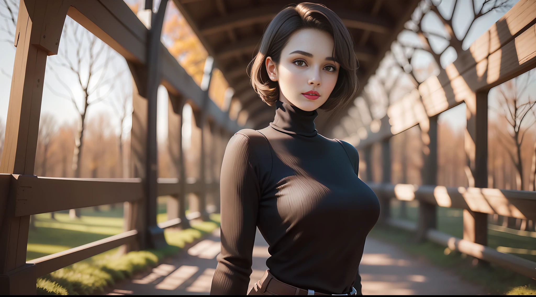 1girl, ((((solo)))), ( short brown hair, happy, lipstick, wearing black wool blouse with turtleneck, serious look: 1.15), masterpiece, sculptural model body, spring afternoon, open field, soft warm light, trees blowing in the wind, looking forward, motion blur lens